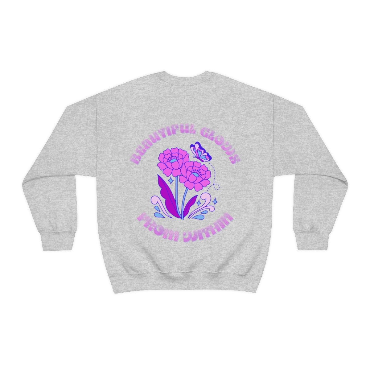 Beautiful Glows from Within Purple Flower Sweatshirt, Oversized Crewneck, Front Back Print Trendy Sweatshirt, Beach Cover Up, Lake Cover Up