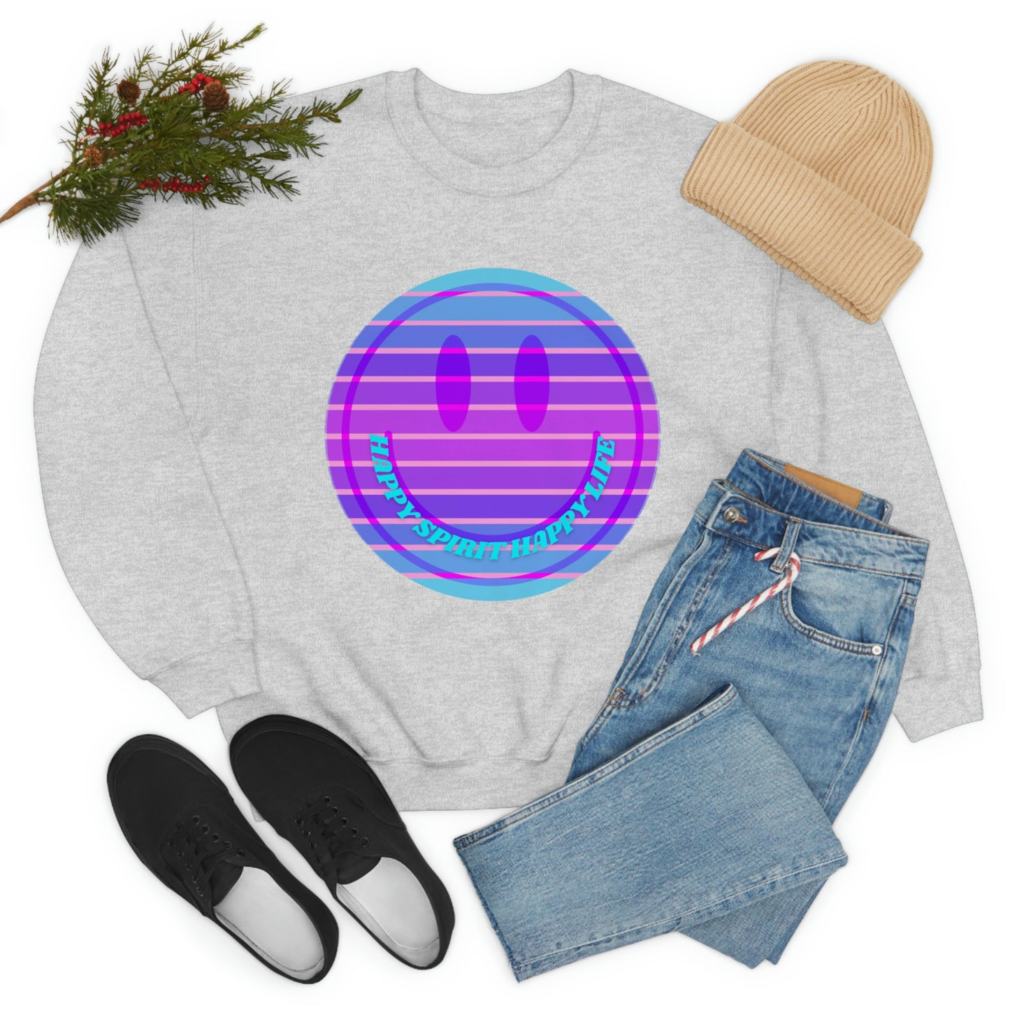 Happy Spirit Happy Life Sweatshirt, VSCO Girl Crewneck, Oversized Retro Font Graphic Tumblr, Front Print Smile Face Trendy Cover Up