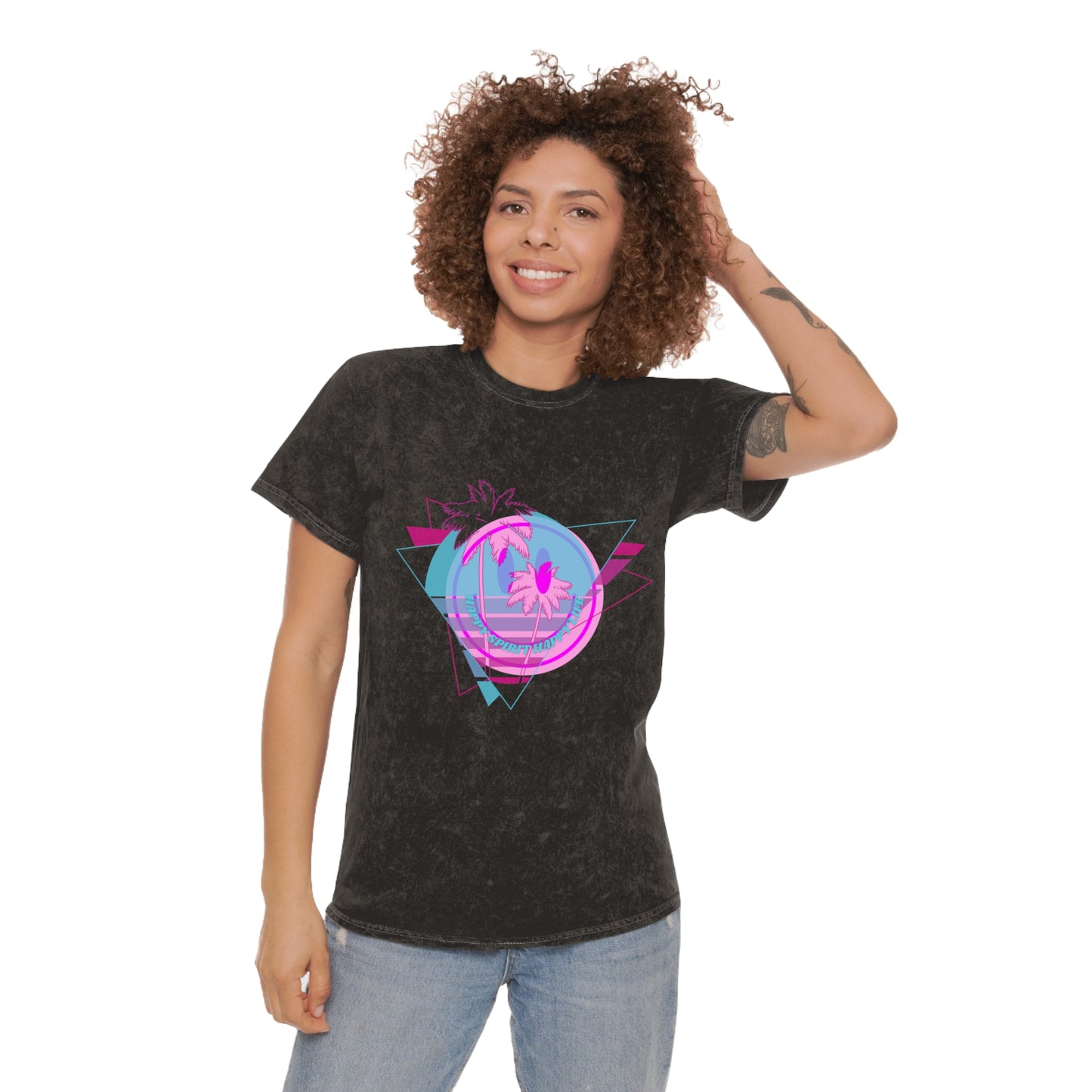Aesthetic Retro T-Shirt, Smile Face Palm Trees Mineral Wash Shirt, Vintage Style Shirt, 80s style shirt, Pink Smile Unisex Mineral Wash Tee