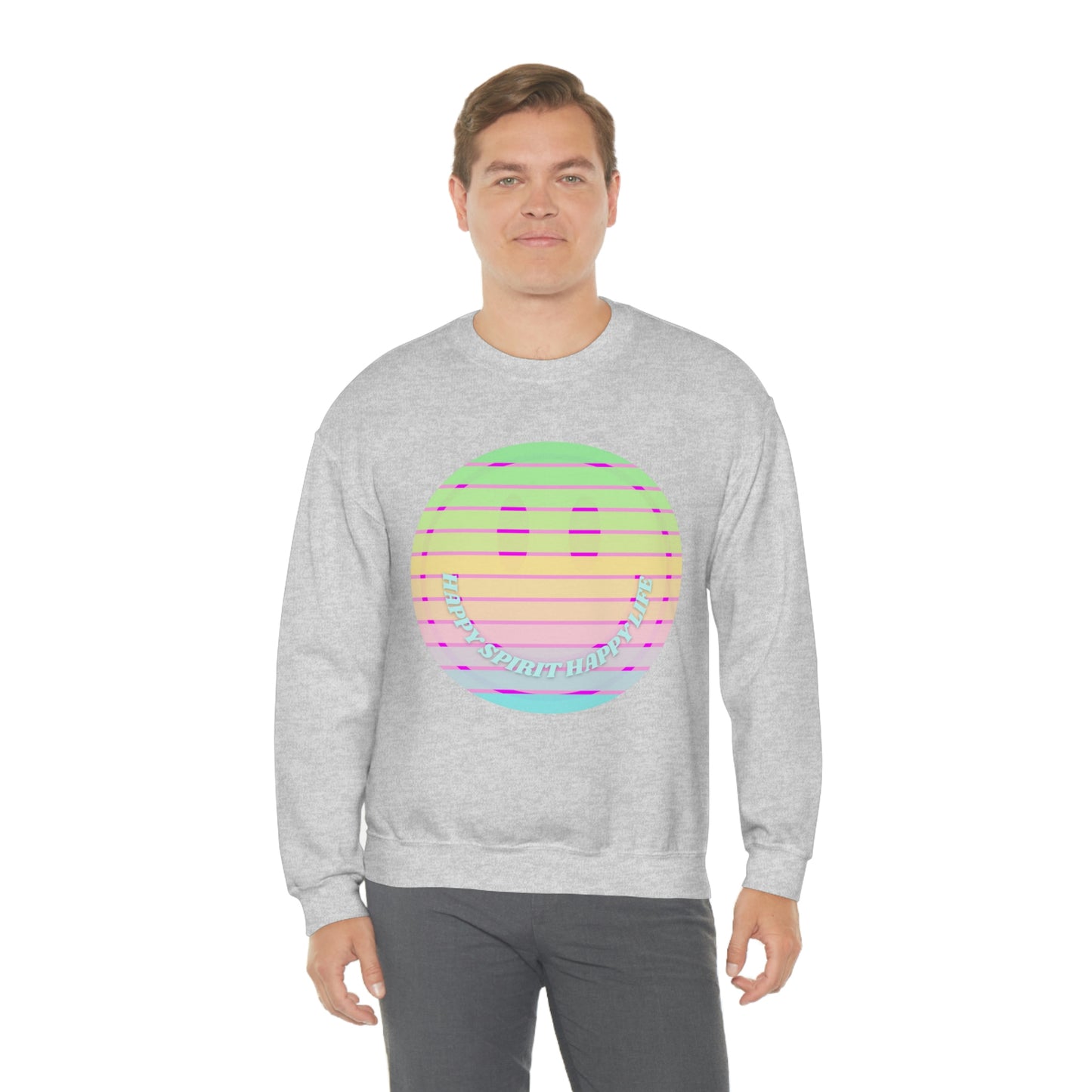 Happy Spirit Happy Life Sweatshirt, VSCO Girl Crewneck, Oversized Retro Font Graphic Tumblr, Front Print Smile Face Trendy Cover Up