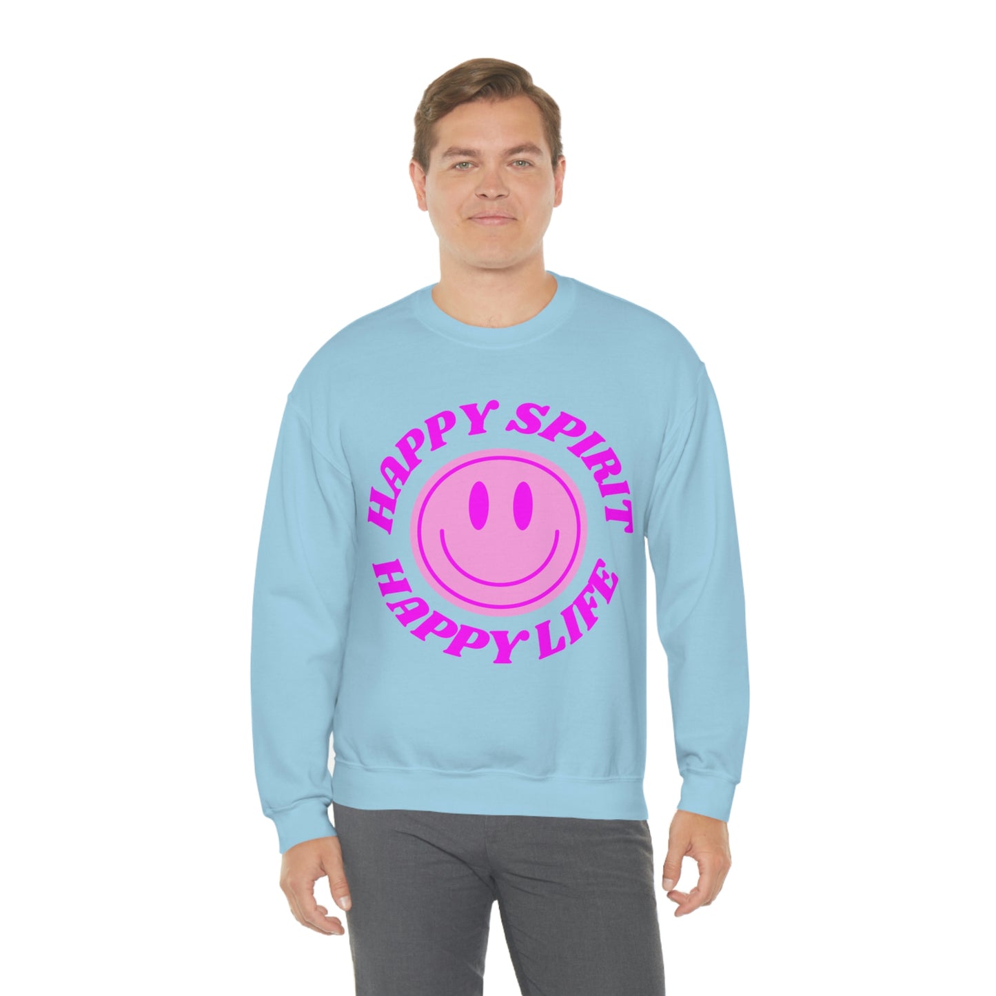 Happy Spirit Happy Life Sweatshirt, VSCO Girl Crewneck, Oversized Retro Font Graphic Tumblr, Front Print Smile Face Trendy Cover Up