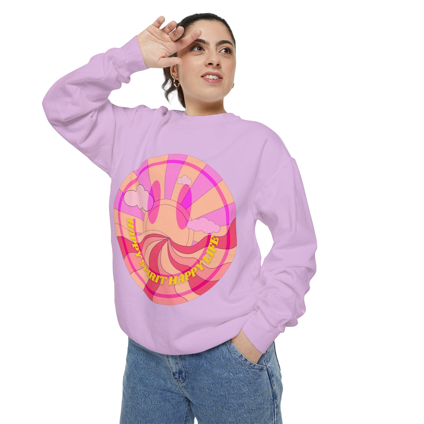 Aesthetic Smile Hoodie, Smile Face Comfort Colors Crewneck, Happy Spirit Happy Life Sunset Smile Sweatshirt, Unisex Garment-Dyed Sweatshirt