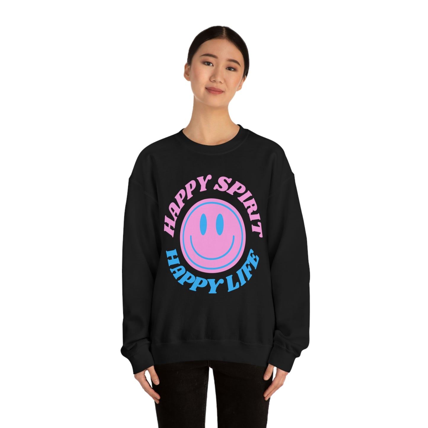 Happy Spirit Happy Life Sweatshirt, VSCO Girl Crewneck, Oversized Retro Font Graphic Tumblr, Front Print Smile Face Trendy Cover Up