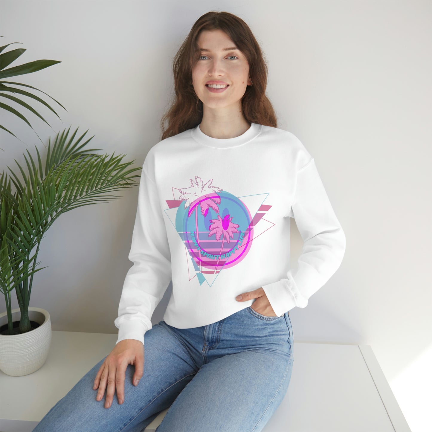 Happy Spirit Happy Life Sweatshirt, VSCO Girl Crewneck, Oversized Retro Font Graphic Tumblr, Front Print Smile Face Trendy Cover Up