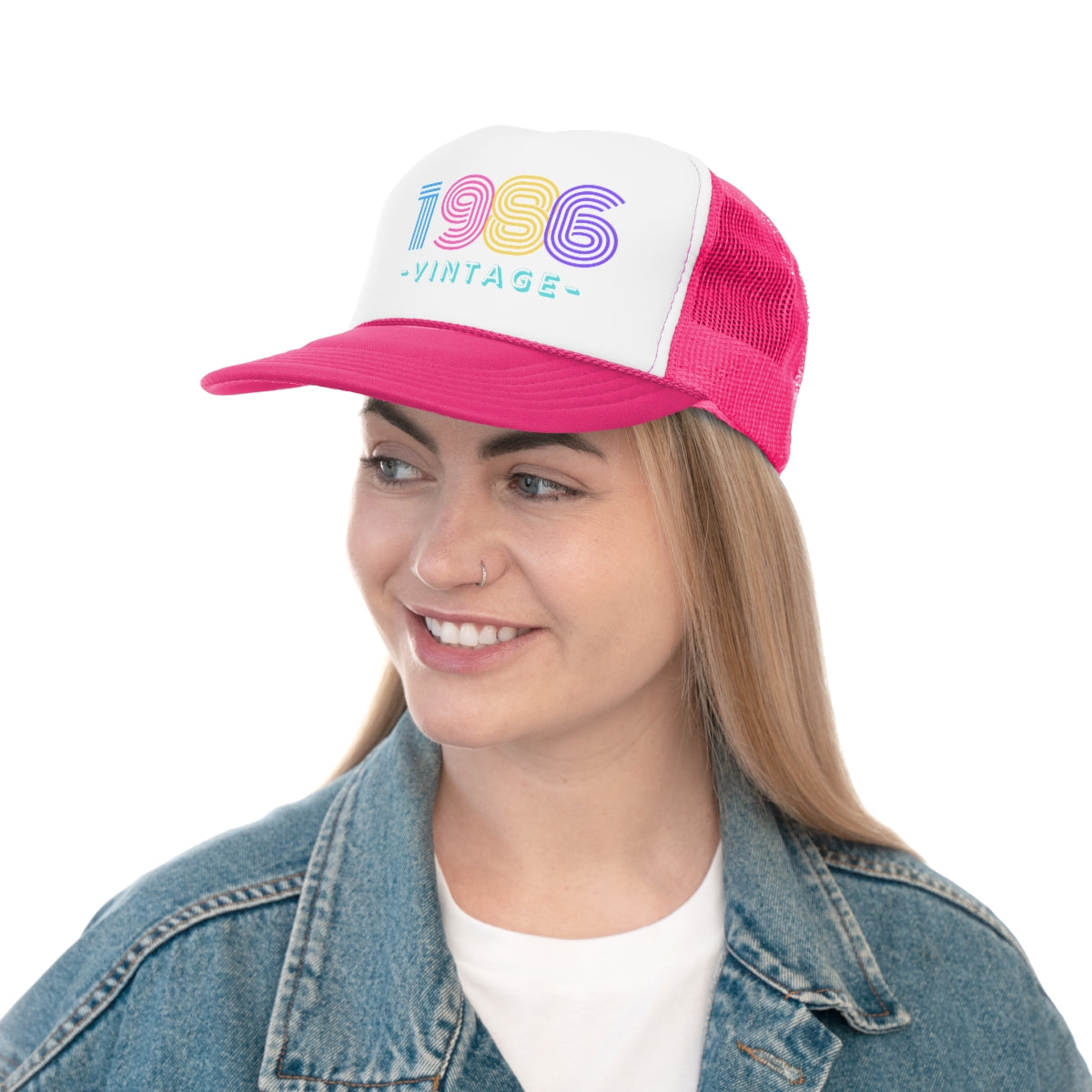 Personalized Pink Trucker Hat Vintage 1986 - Aesthetic Hat, Birthday Custom Tumblr hat, Trendy Vsco girl, Pink Graphic Trucker Baseball Hat