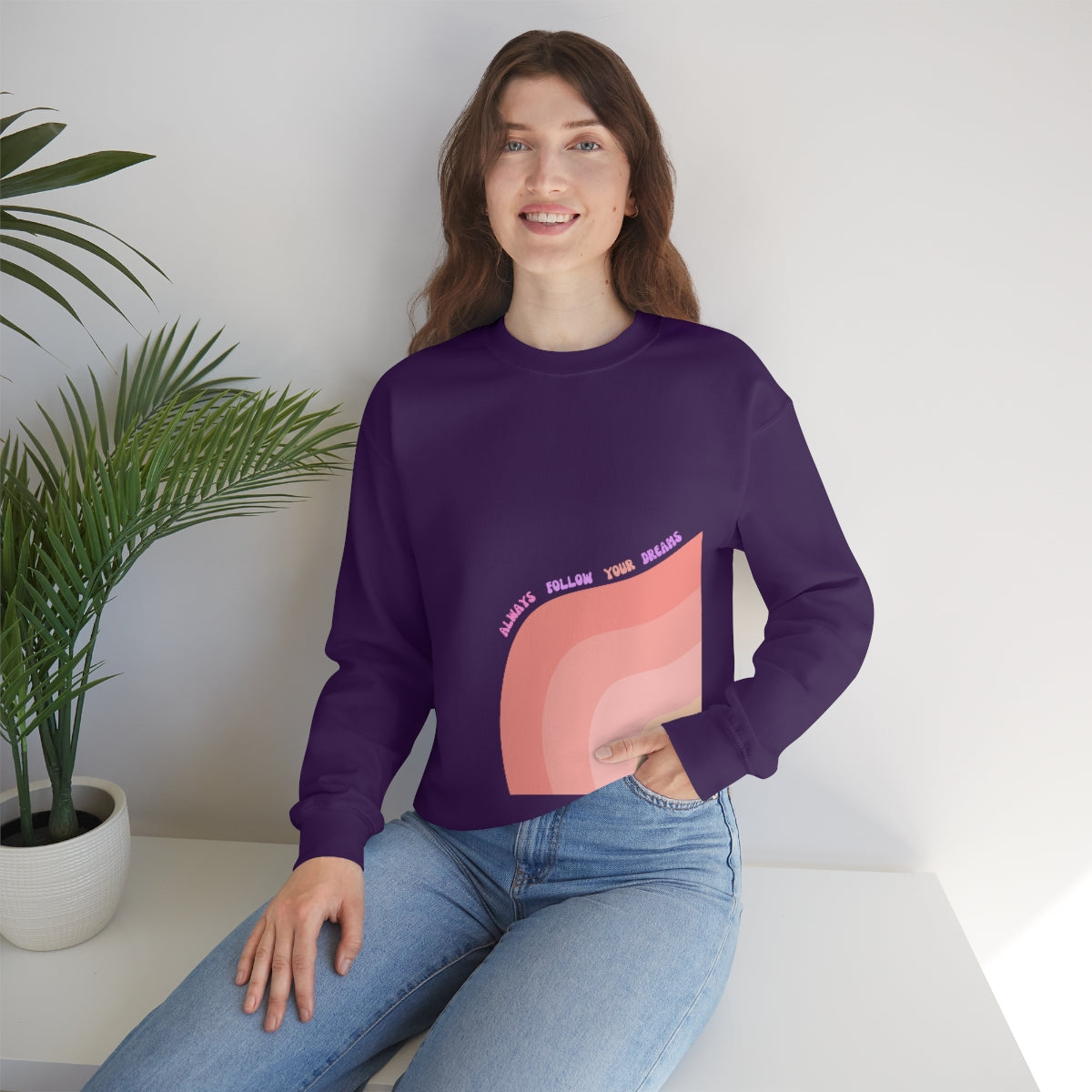 Retro Rainbow Sweatshirt, Always Follow Your Dreams Crewneck, Pink and Lavender Sweatshirt, Minimalist Vintage Style Font, Positivity Top
