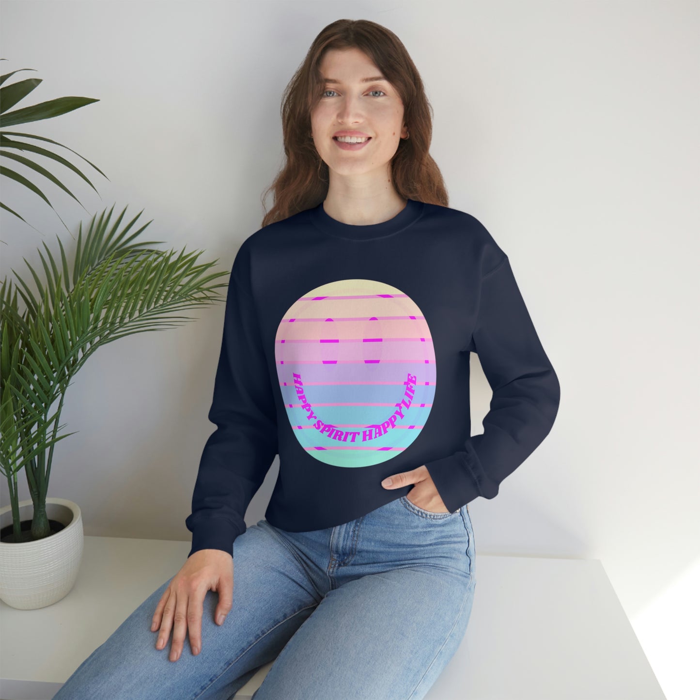 Happy Spirit Happy Life Sweatshirt, VSCO Girl Crewneck, Oversized Retro Font Graphic Tumblr, Front Print Smile Face Trendy Cover Up