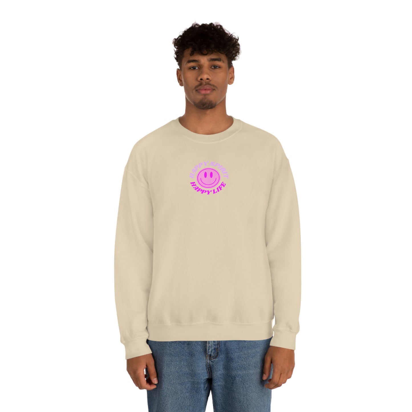 Happy Spirit Happy Life Sweatshirt, Gildan VSCO Girl Crewneck, Oversized Tumblr Front Back Print Smile Happy Mind Trendy Retro Surf Font