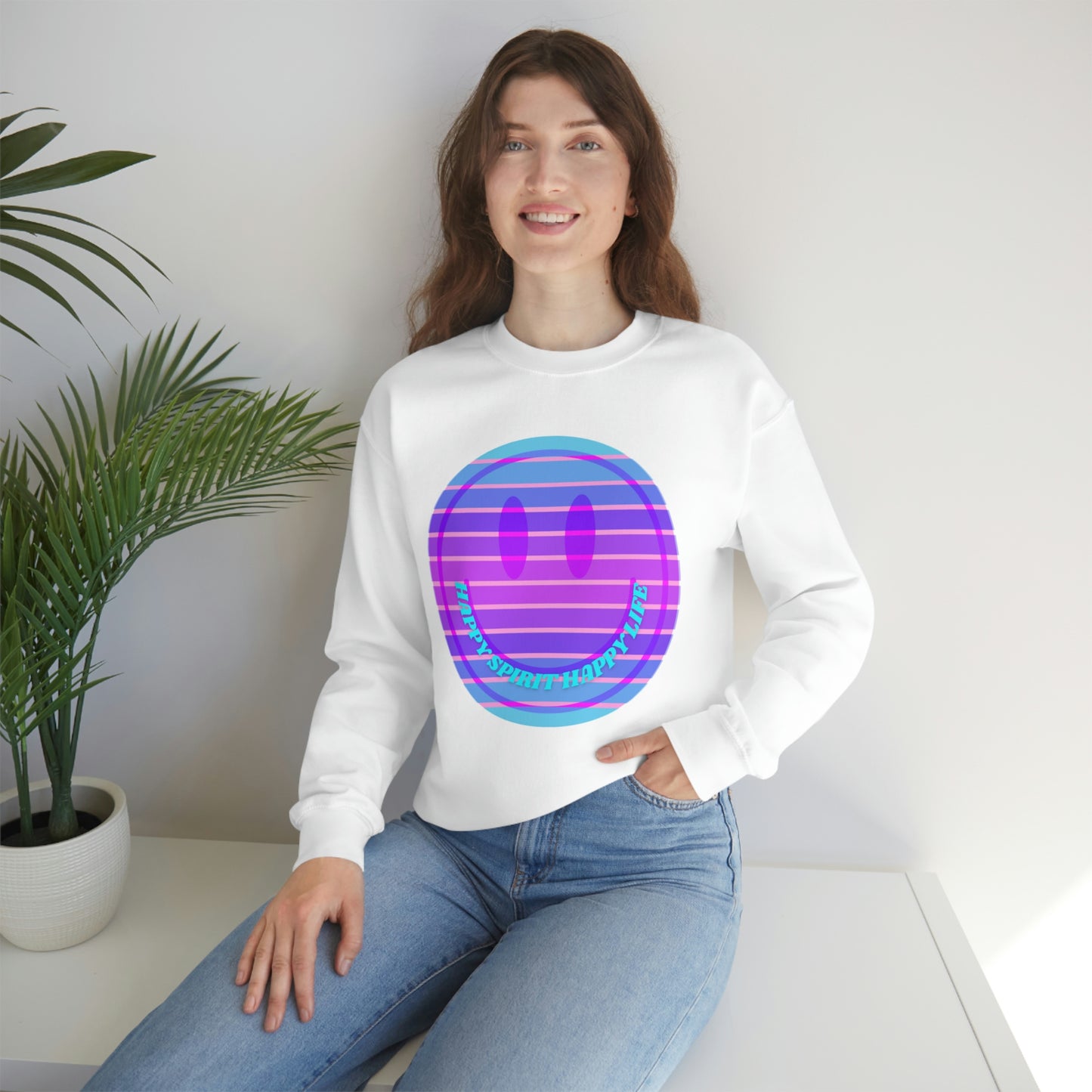 Happy Spirit Happy Life Sweatshirt, VSCO Girl Crewneck, Oversized Retro Font Graphic Tumblr, Front Print Smile Face Trendy Cover Up
