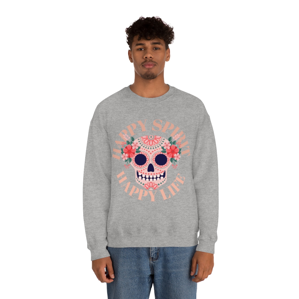 Dia De Los Muertos Crewneck Sweatshirt, Day of the Dead Gift, Happy Spirit Happy Life, Honoring the Dead Aesthetic Candy Skull, Sugar Skull