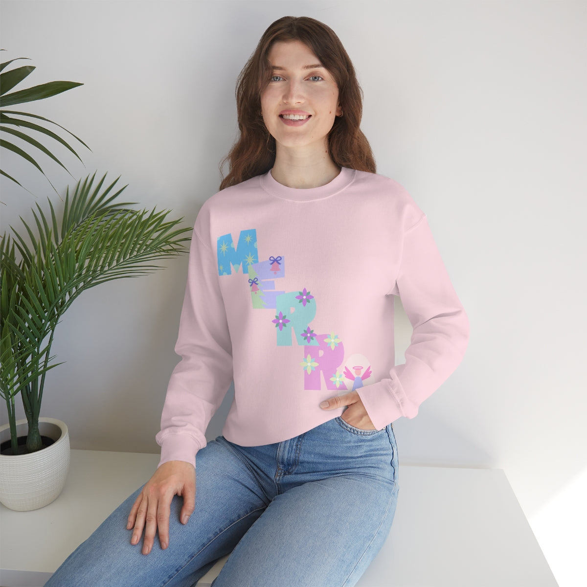 Pastel Christmas Sweatshirt, Holiday VSCO Girl Crewneck, Oversized Xmas Tumblr Sweater, Pastel Playful Letter Print Merry Trendy Sweatshirt