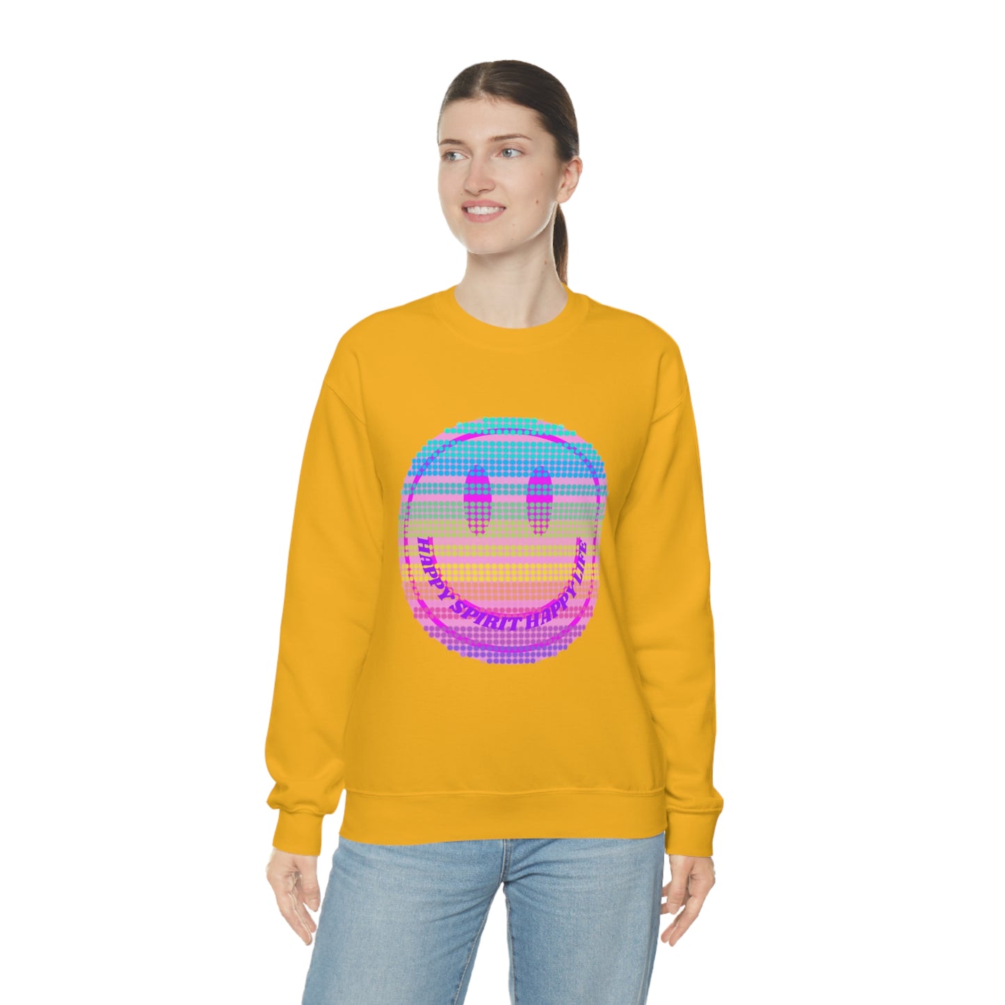 Happy Spirit Happy Life Sweatshirt, VSCO Girl Crewneck, Oversized Retro Font Graphic Tumblr, Front Print Smile Face Trendy Cover Up