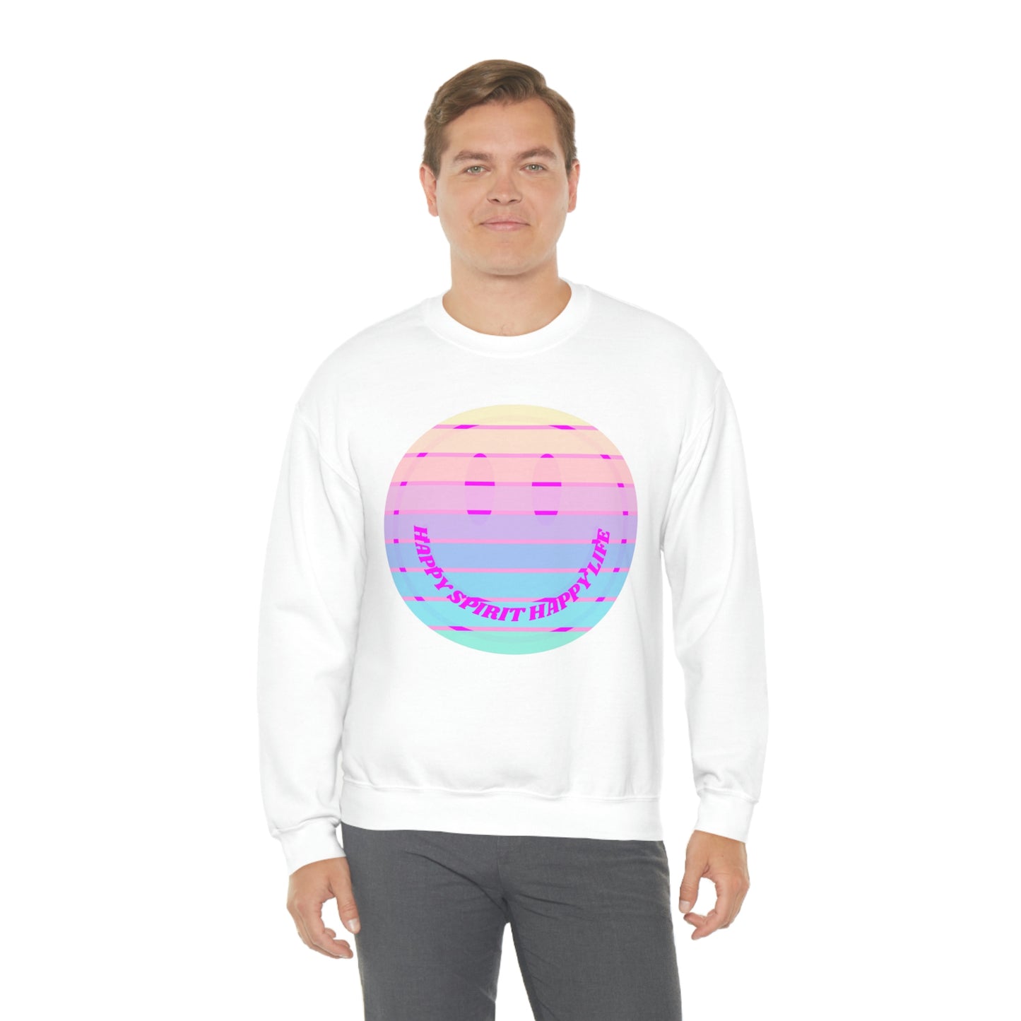 Happy Spirit Happy Life Sweatshirt, VSCO Girl Crewneck, Oversized Retro Font Graphic Tumblr, Front Print Smile Face Trendy Cover Up