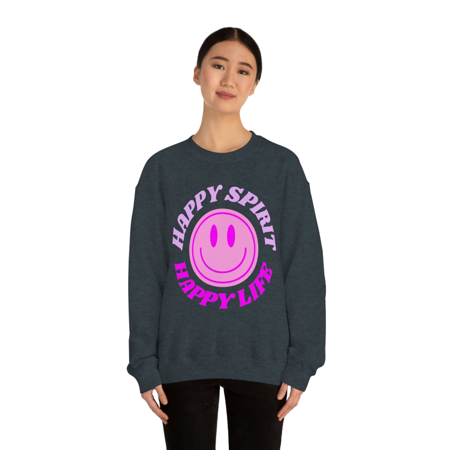 Happy Spirit Happy Life Sweatshirt, VSCO Girl Crewneck, Oversized Retro Font Graphic Tumblr, Front Print Smile Face Trendy Cover Up