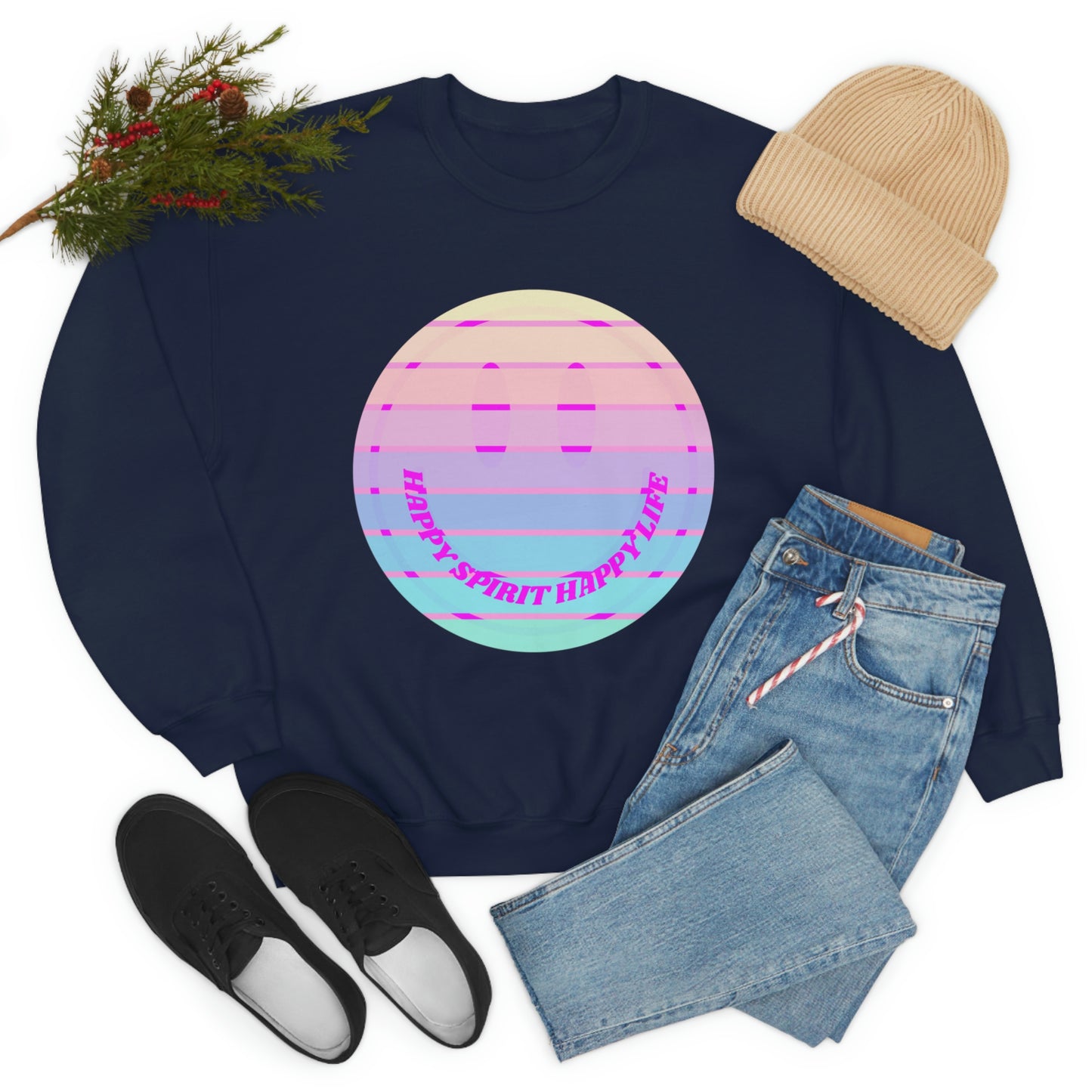 Happy Spirit Happy Life Sweatshirt, VSCO Girl Crewneck, Oversized Retro Font Graphic Tumblr, Front Print Smile Face Trendy Cover Up