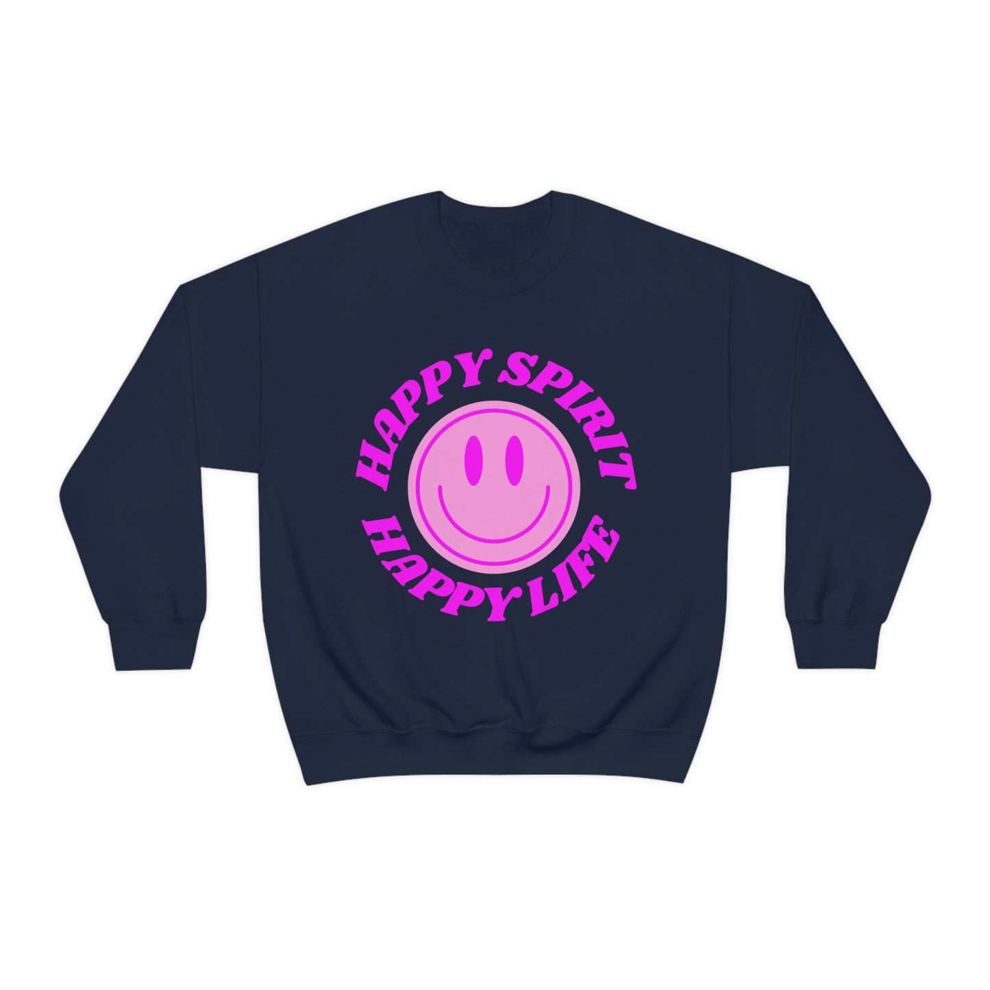 Happy Spirit Happy Life Sweatshirt, VSCO Girl Crewneck, Oversized Retro Font Graphic Tumblr, Front Print Smile Face Trendy Cover Up