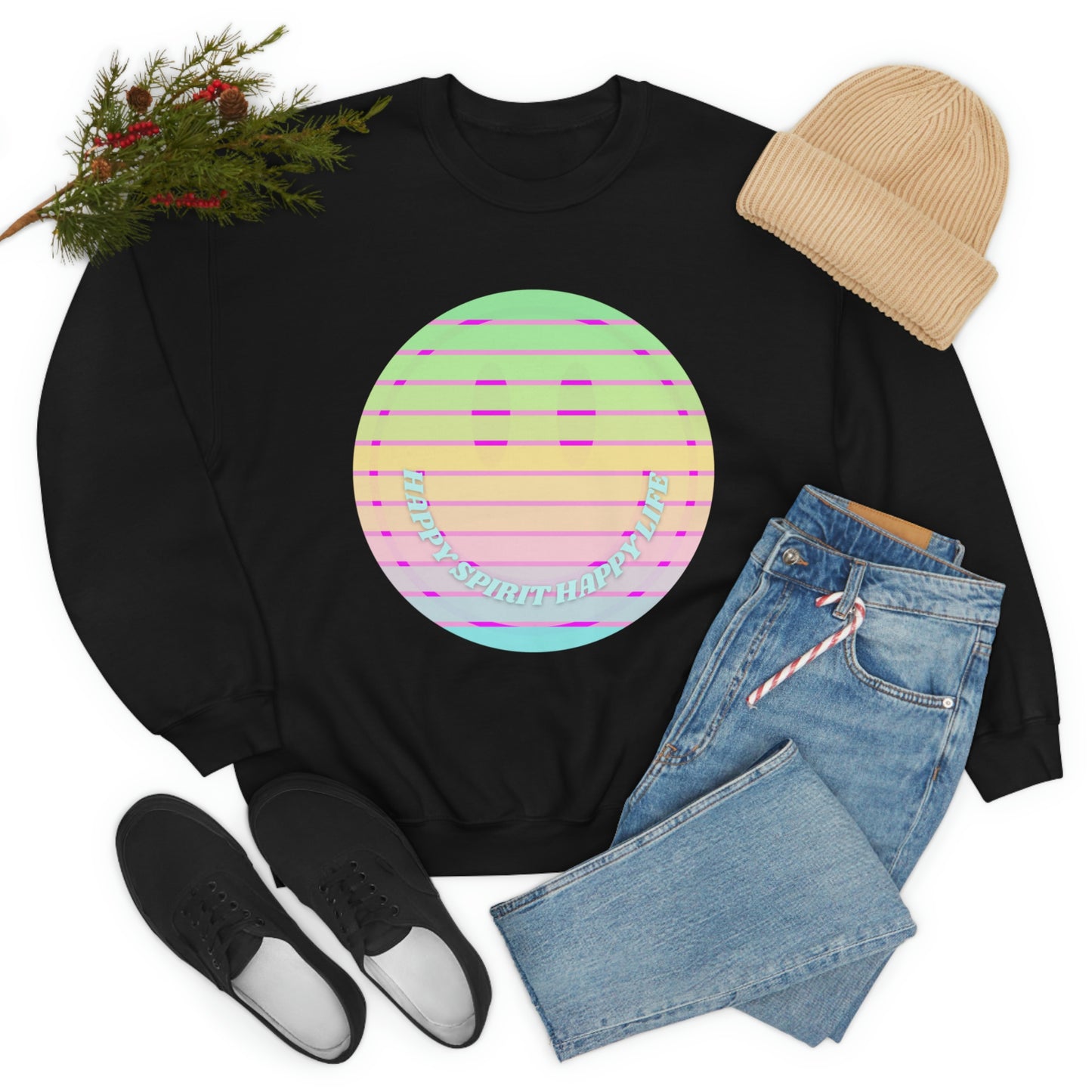 Happy Spirit Happy Life Sweatshirt, VSCO Girl Crewneck, Oversized Retro Font Graphic Tumblr, Front Print Smile Face Trendy Cover Up