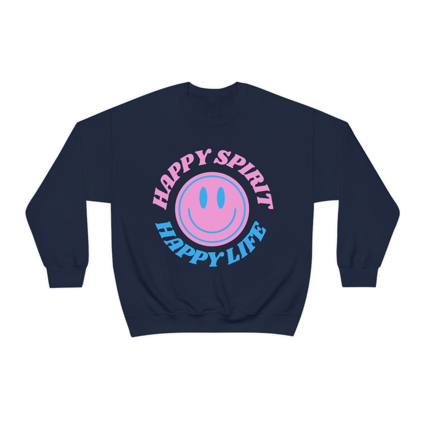 Happy Spirit Happy Life Sweatshirt, VSCO Girl Crewneck, Oversized Retro Font Graphic Tumblr, Front Print Smile Face Trendy Cover Up