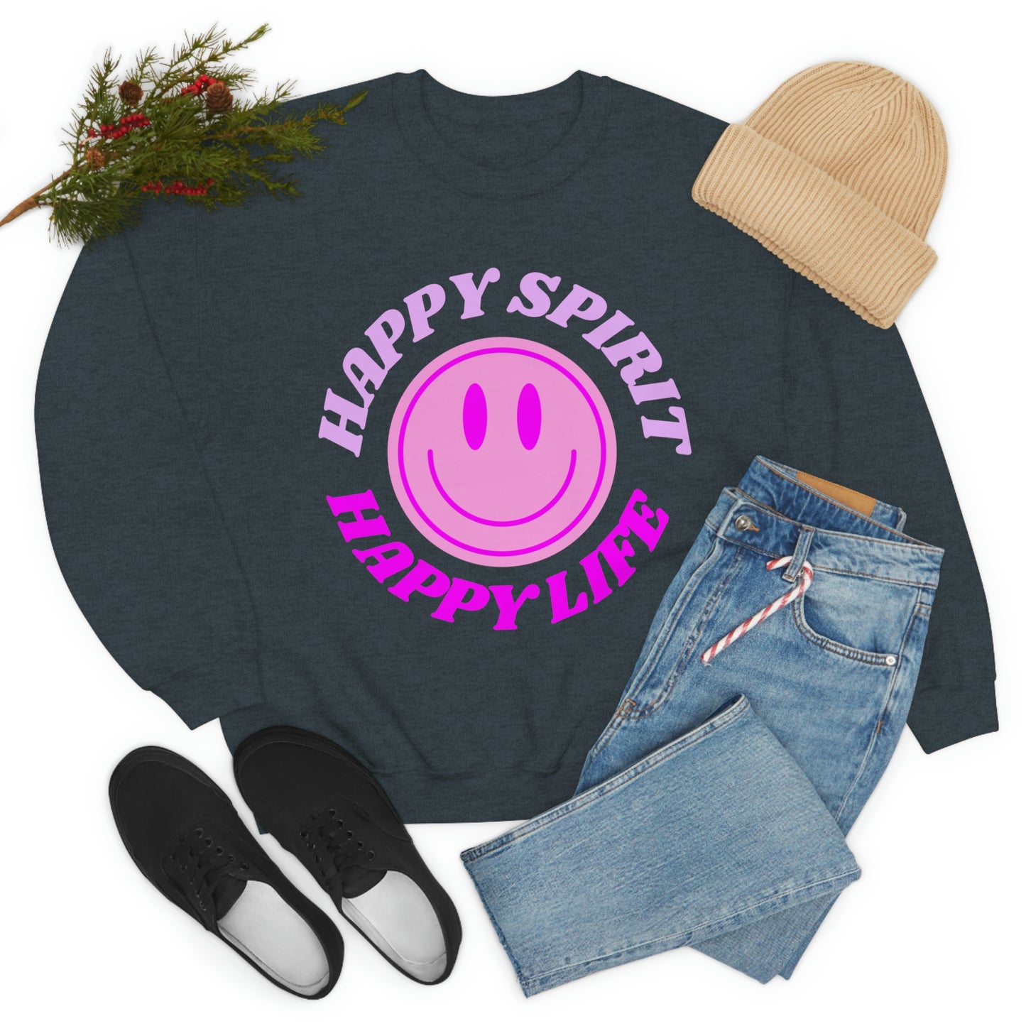 Happy Spirit Happy Life Sweatshirt, VSCO Girl Crewneck, Oversized Retro Font Graphic Tumblr, Front Print Smile Face Trendy Cover Up