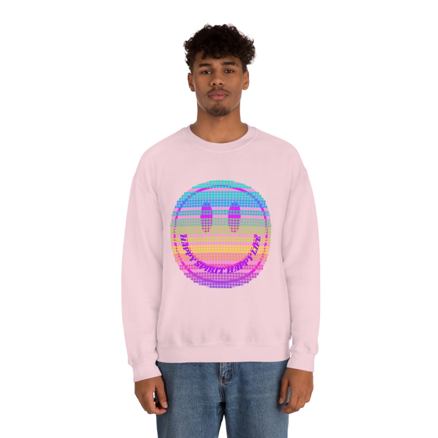 Happy Spirit Happy Life Sweatshirt, VSCO Girl Crewneck, Oversized Retro Font Graphic Tumblr, Front Print Smile Face Trendy Cover Up