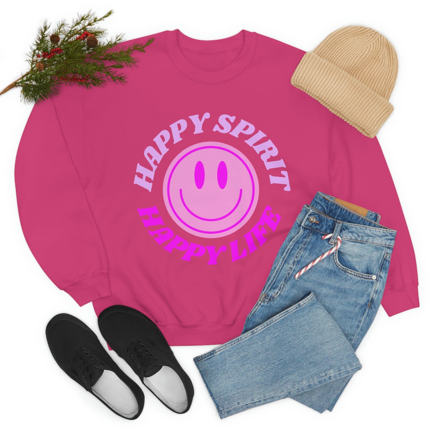 Happy Spirit Happy Life Sweatshirt, VSCO Girl Crewneck, Oversized Retro Font Graphic Tumblr, Front Print Smile Face Trendy Cover Up