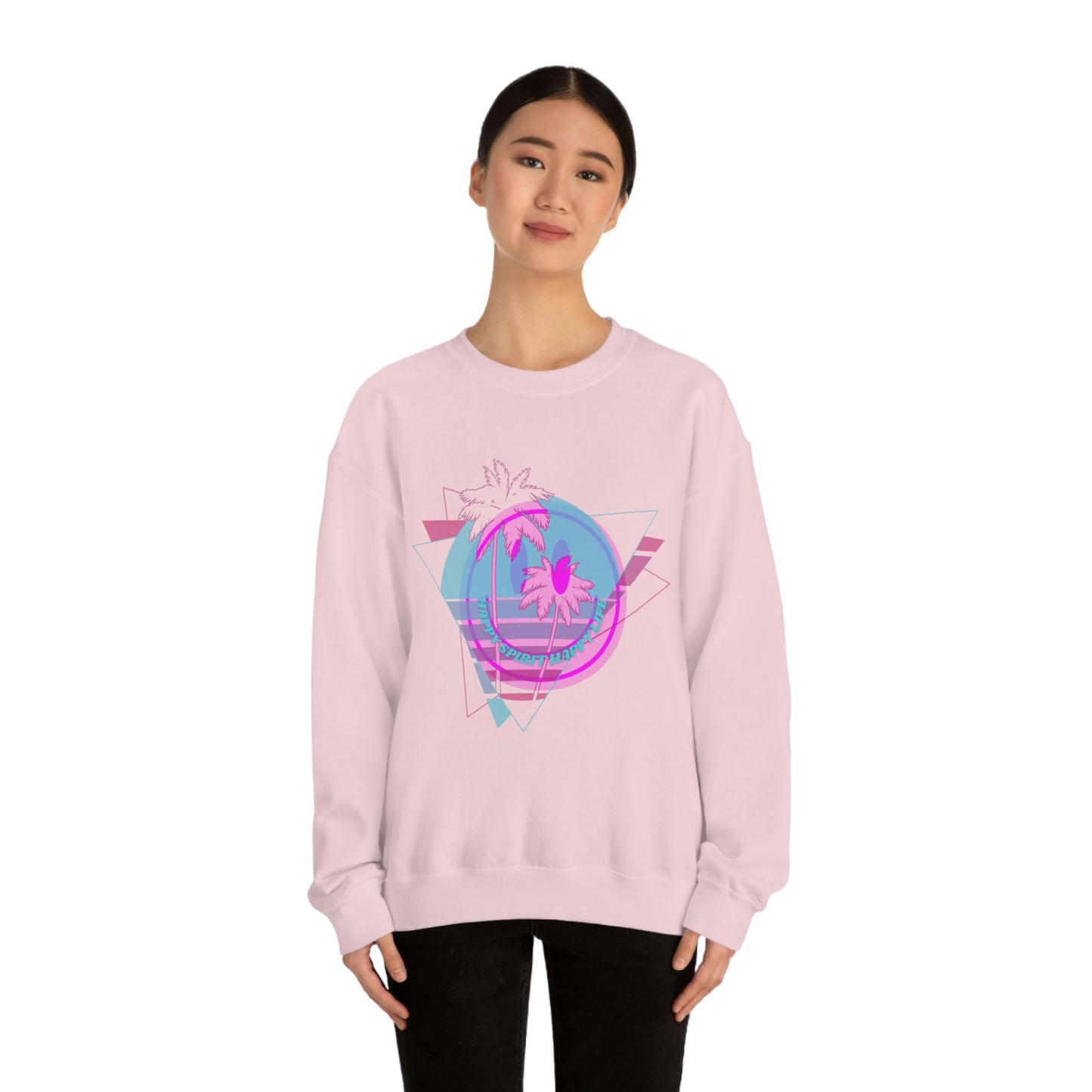 Happy Spirit Happy Life Sweatshirt, VSCO Girl Crewneck, Oversized Retro Font Graphic Tumblr, Front Print Smile Face Trendy Cover Up