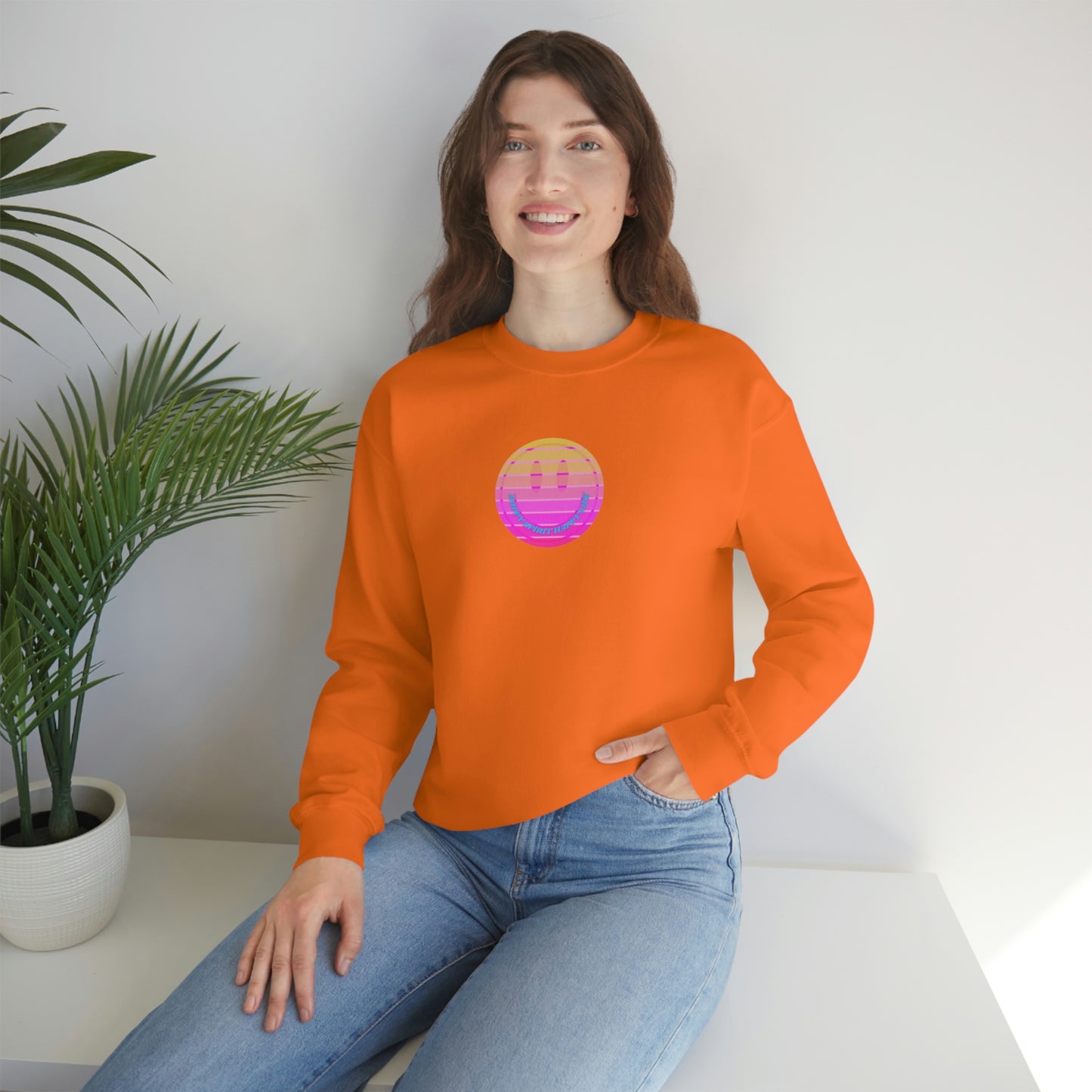 Happy Spirit Happy Life Sweatshirt, VSCO Girl Crewneck, Oversized Retro Font Graphic Tumblr, Front Print Smile Face Trendy Cover Up