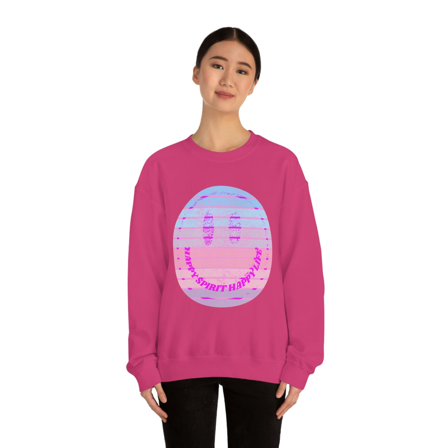 Happy Spirit Happy Life Sweatshirt, VSCO Girl Crewneck, Oversized Retro Font Graphic Tumblr, Front Print Smile Face Trendy Cover Up