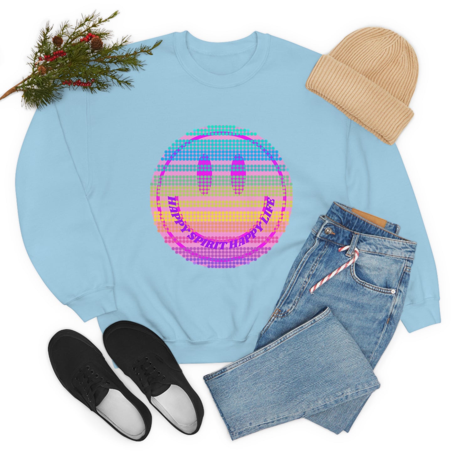 Happy Spirit Happy Life Sweatshirt, VSCO Girl Crewneck, Oversized Retro Font Graphic Tumblr, Front Print Smile Face Trendy Cover Up