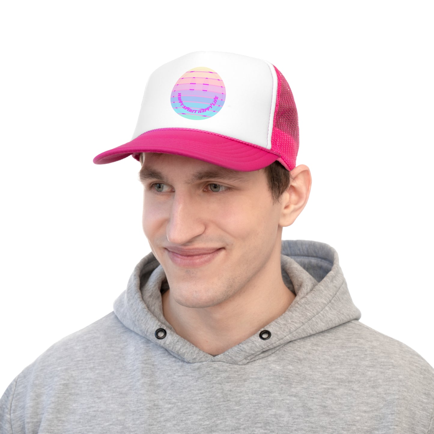Hat Happy Spirit Happy Life, Aesthetic Retro Sunset Hat, Smile Tumblr Hat, Vsco Girl Trendy Pink Hat, Pink Graphic Trucker Hat, Baseball Hat