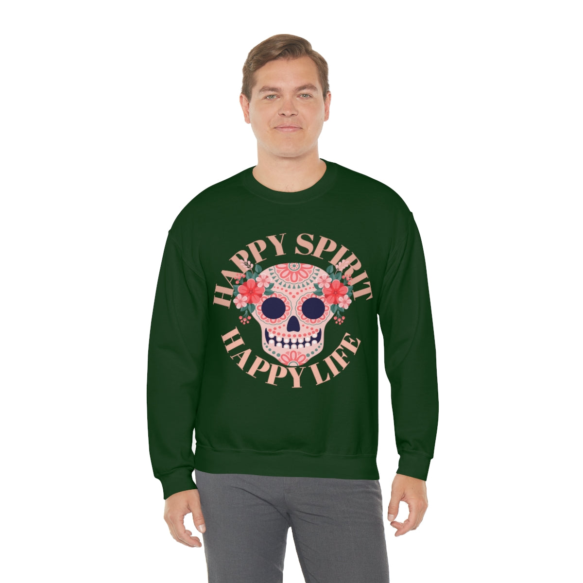Dia De Los Muertos Crewneck Sweatshirt, Day of the Dead Gift, Happy Spirit Happy Life, Honoring the Dead Aesthetic Candy Skull, Sugar Skull