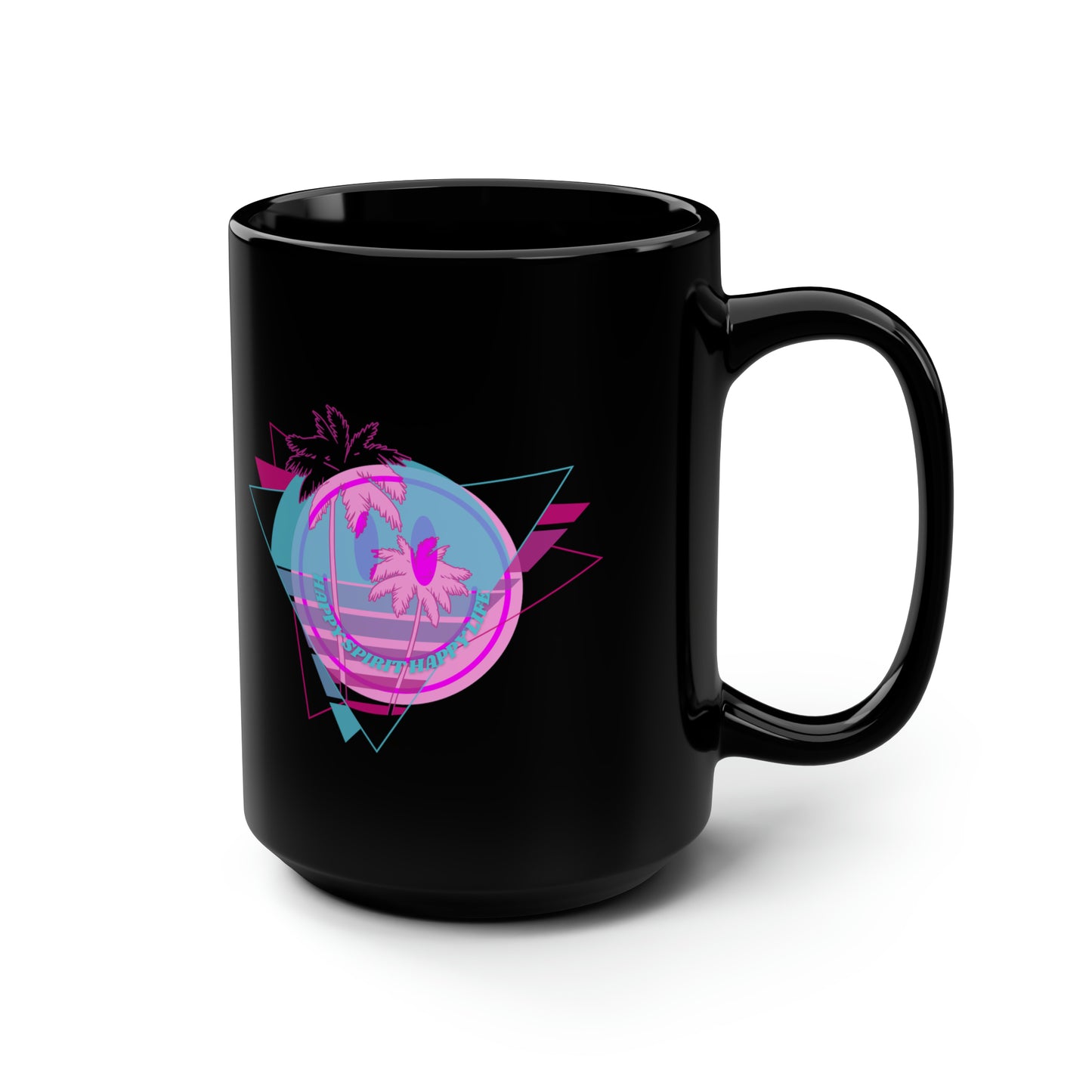 Mug, 15 Oz Retro Happy Spirit Happy Life Aesthetic Mug, Smile Face Mug, Trendy Coffee Mug, Tumblr Mug, Aesthetic Happy Life Gift, Black Mug