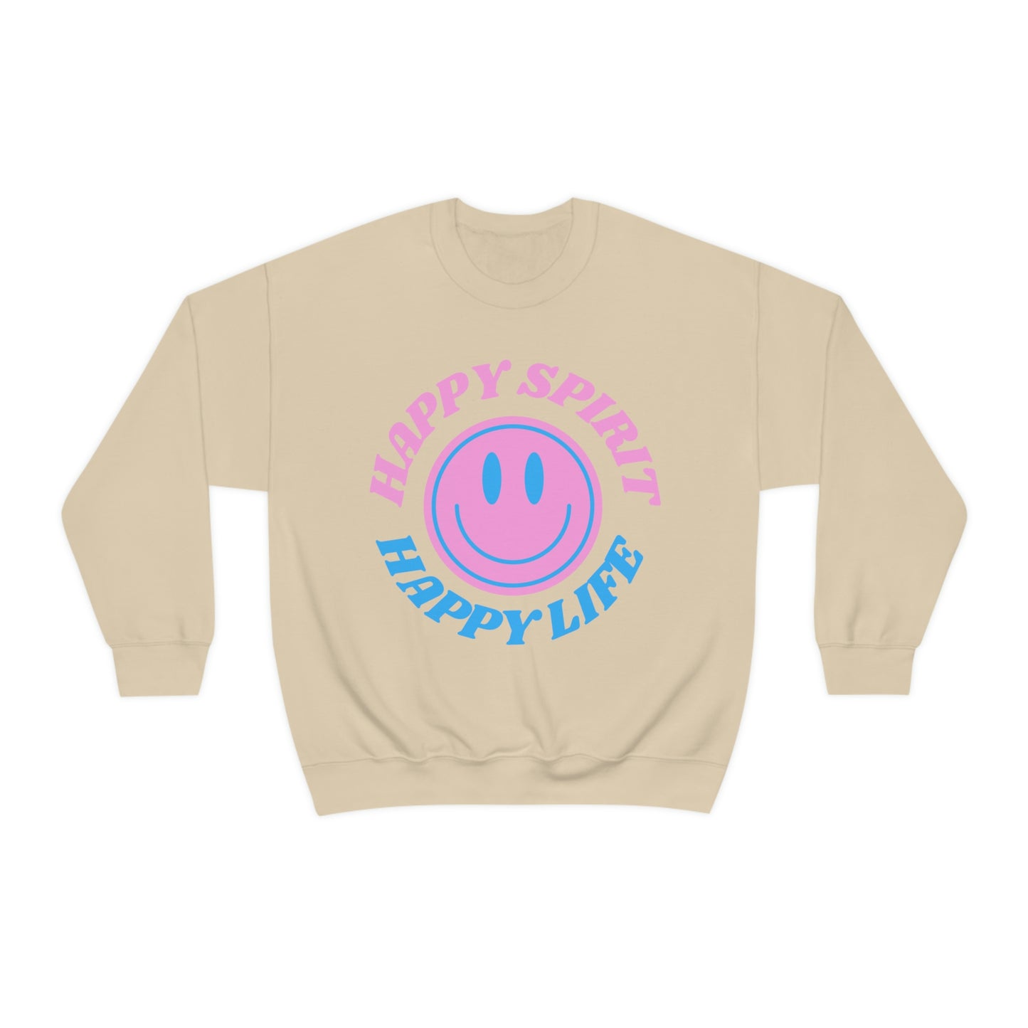 Happy Spirit Happy Life Sweatshirt, VSCO Girl Crewneck, Oversized Retro Font Graphic Tumblr, Front Print Smile Face Trendy Cover Up