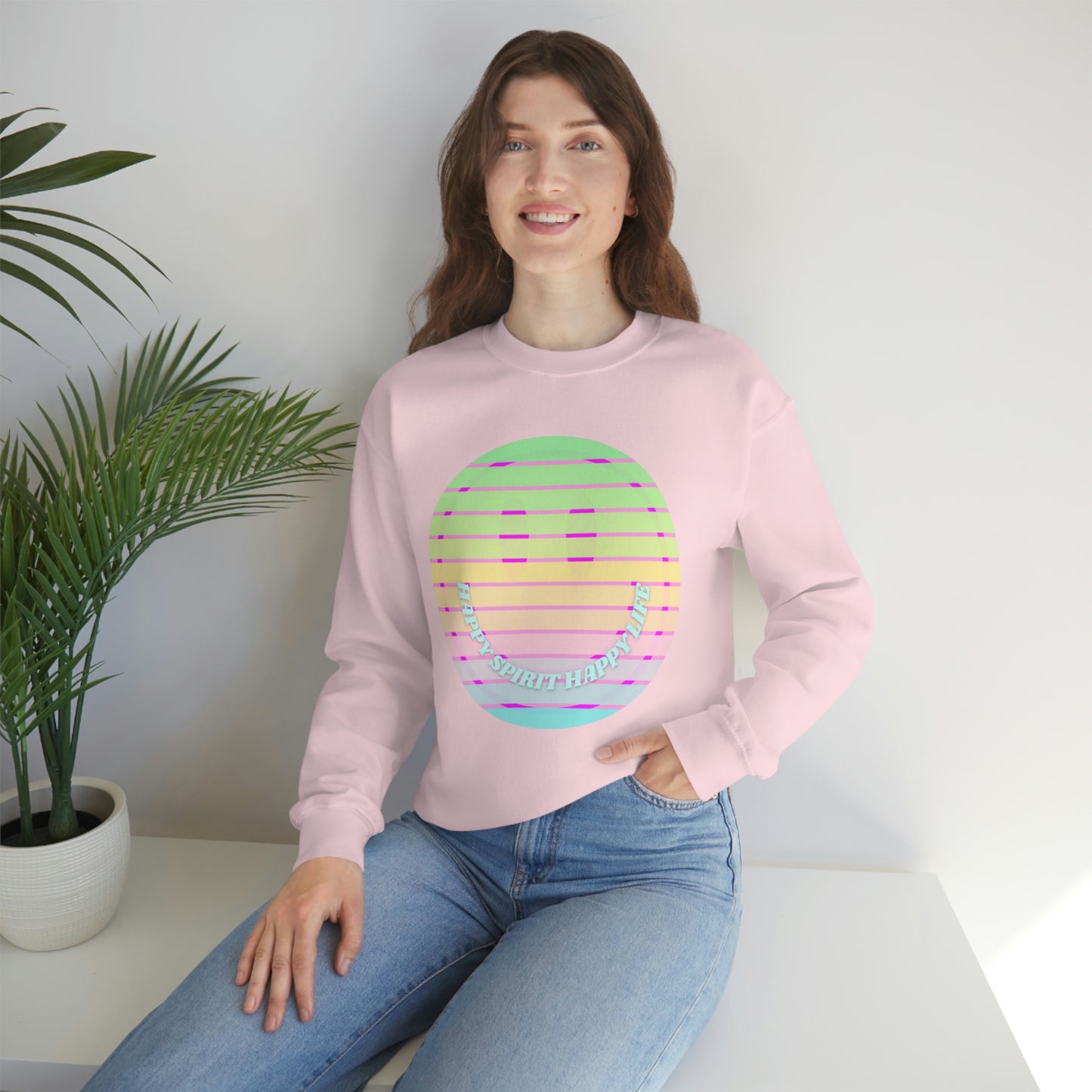 Happy Spirit Happy Life Sweatshirt, VSCO Girl Crewneck, Oversized Retro Font Graphic Tumblr, Front Print Smile Face Trendy Cover Up