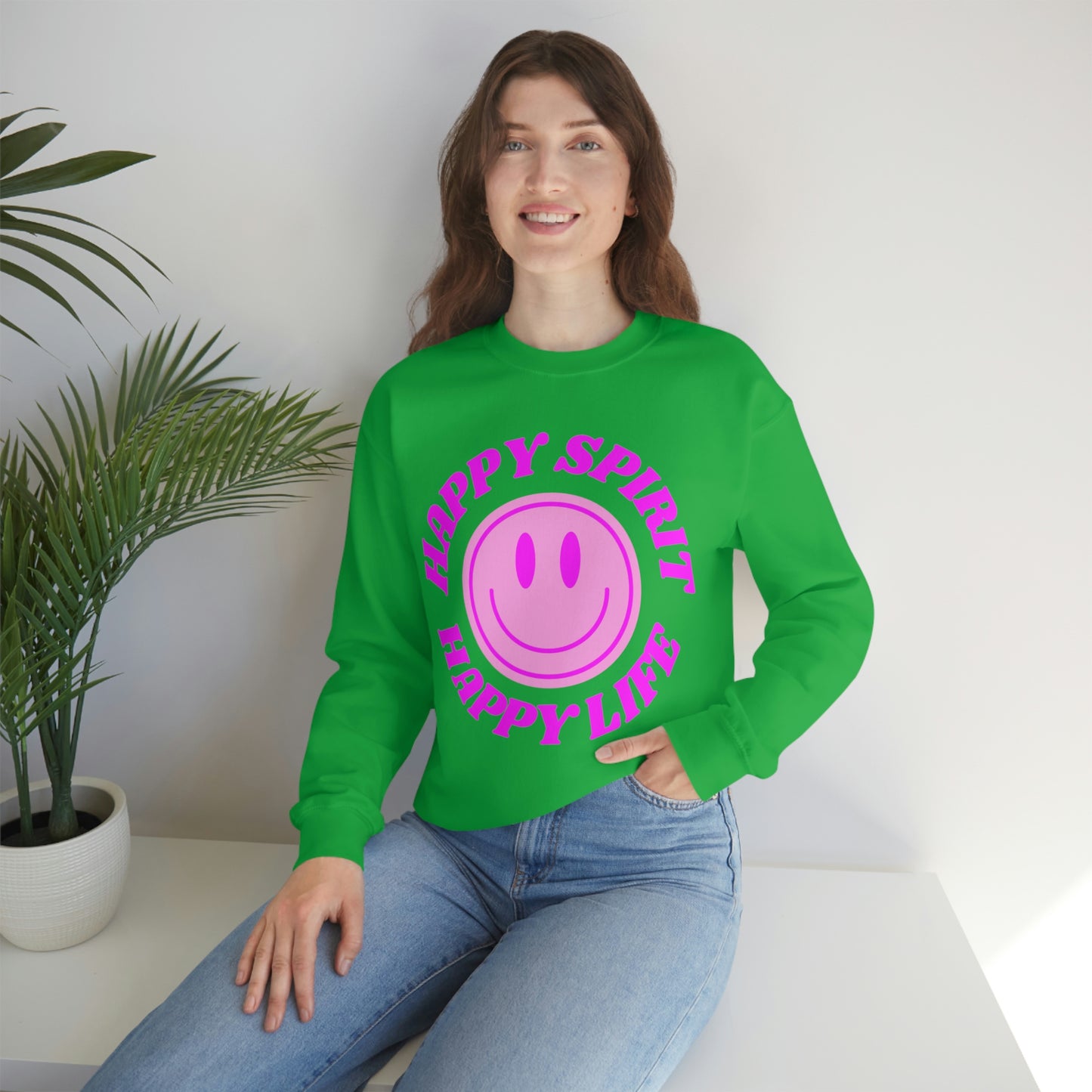 Happy Spirit Happy Life Sweatshirt, VSCO Girl Crewneck, Oversized Retro Font Graphic Tumblr, Front Print Smile Face Trendy Cover Up