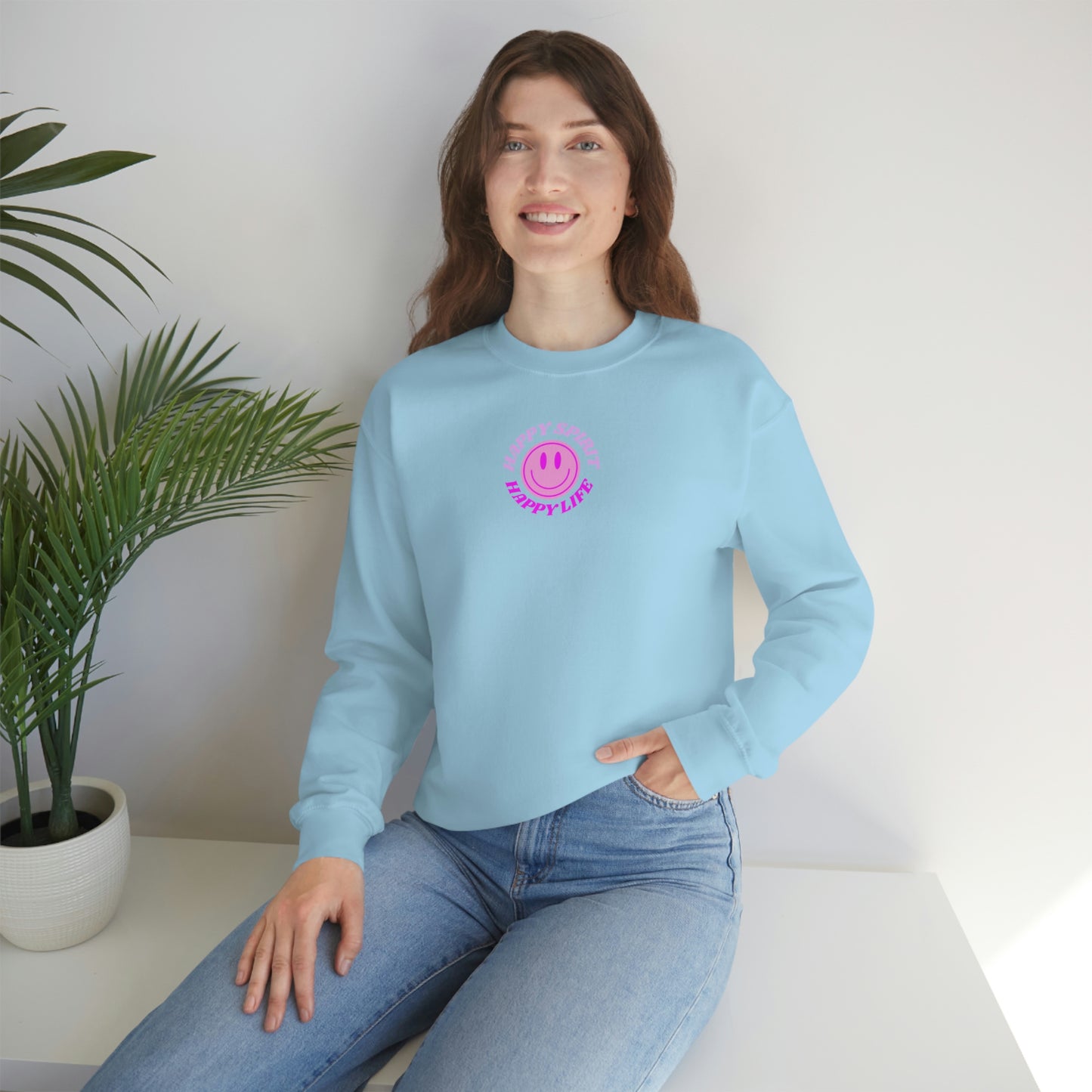 Happy Spirit Happy Life Sweatshirt, Gildan VSCO Girl Crewneck, Oversized Tumblr Front Back Print Smile Happy Mind Trendy Retro Surf Font