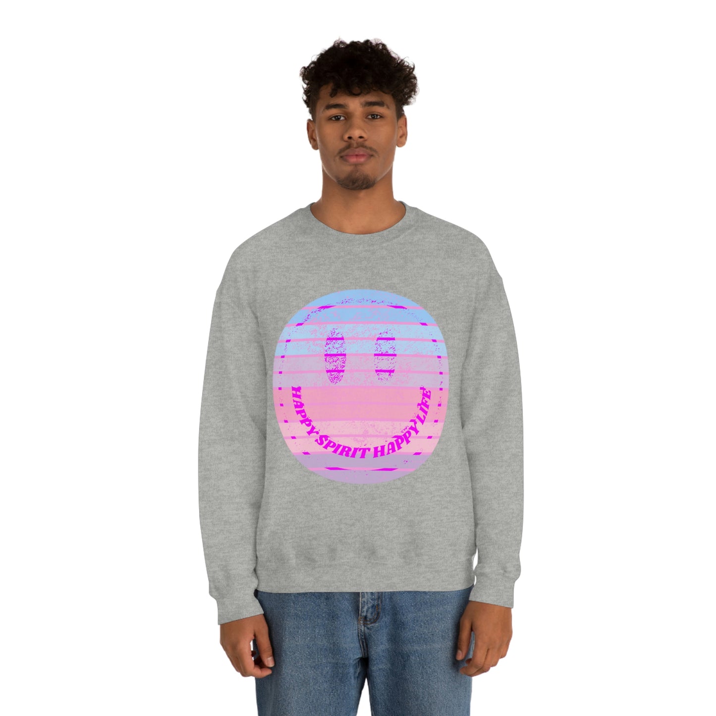 Happy Spirit Happy Life Sweatshirt, VSCO Girl Crewneck, Oversized Retro Font Graphic Tumblr, Front Print Smile Face Trendy Cover Up