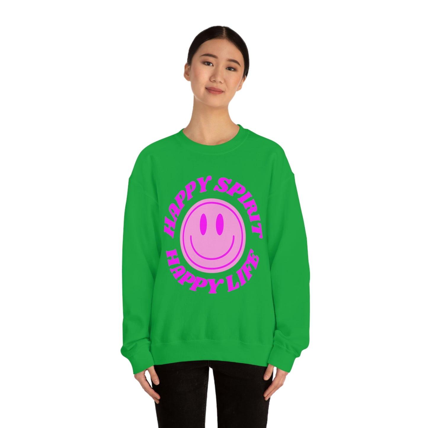 Happy Spirit Happy Life Sweatshirt, VSCO Girl Crewneck, Oversized Retro Font Graphic Tumblr, Front Print Smile Face Trendy Cover Up