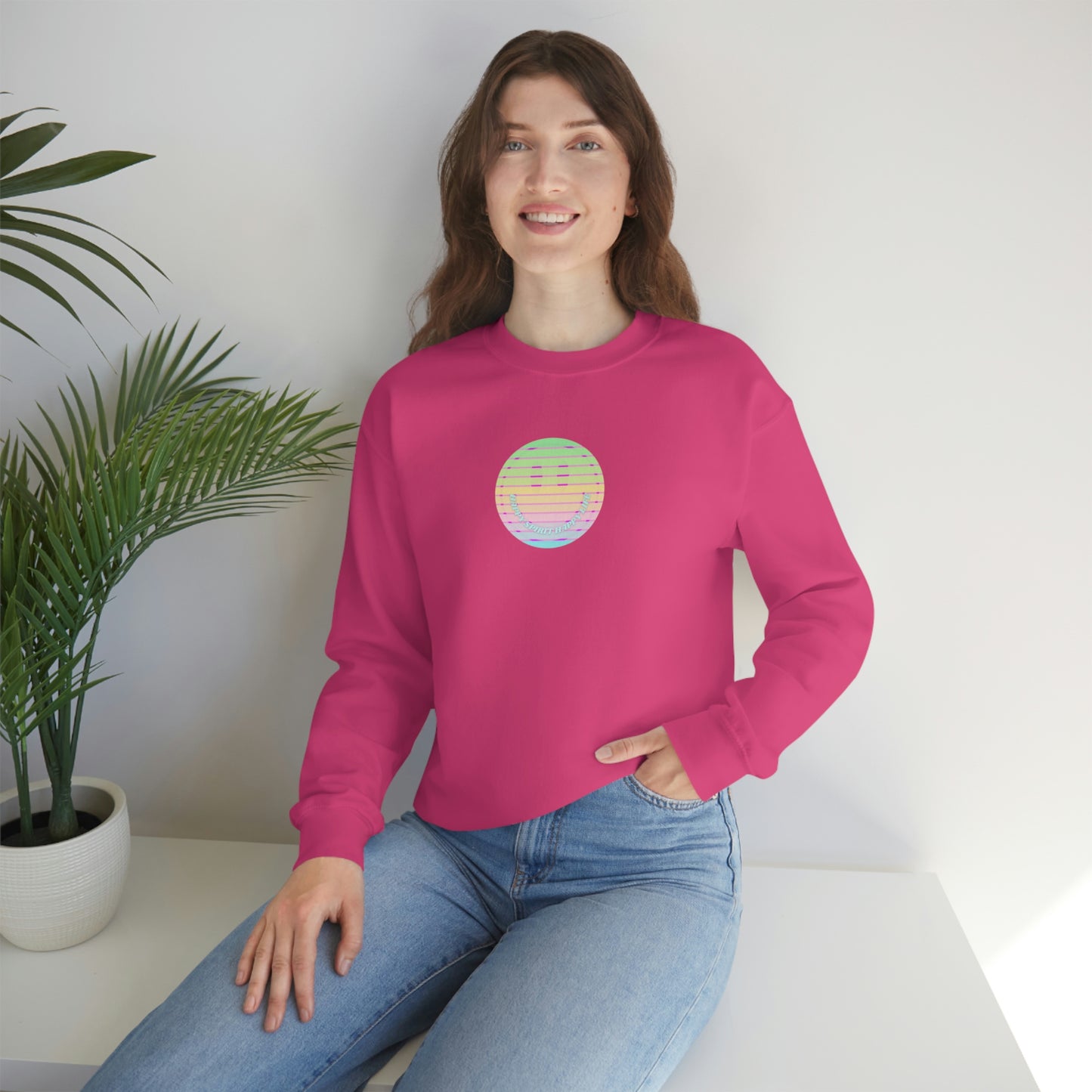 Happy Spirit Happy Life Sweatshirt, VSCO Girl Crewneck, Oversized Retro Font Graphic Tumblr, Front Print Smile Face Trendy Cover Up