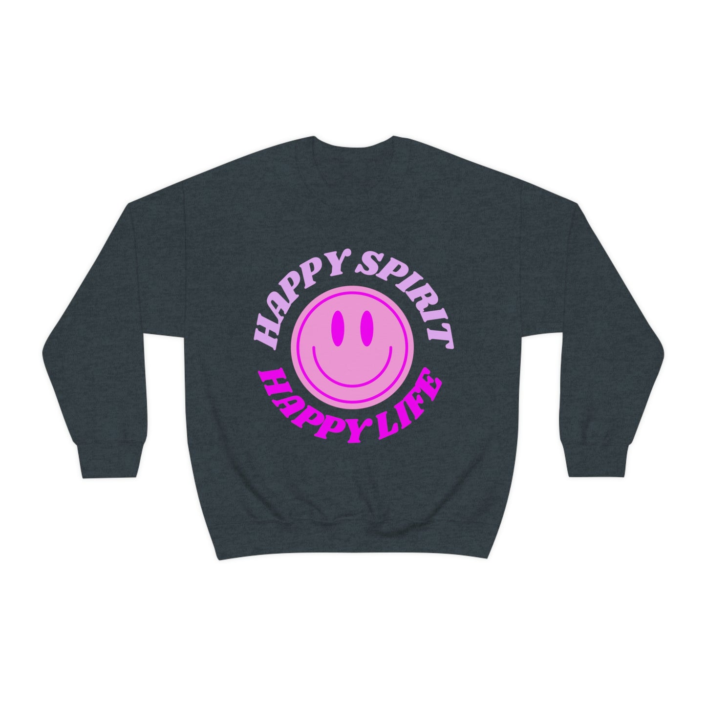 Happy Spirit Happy Life Sweatshirt, VSCO Girl Crewneck, Oversized Retro Font Graphic Tumblr, Front Print Smile Face Trendy Cover Up