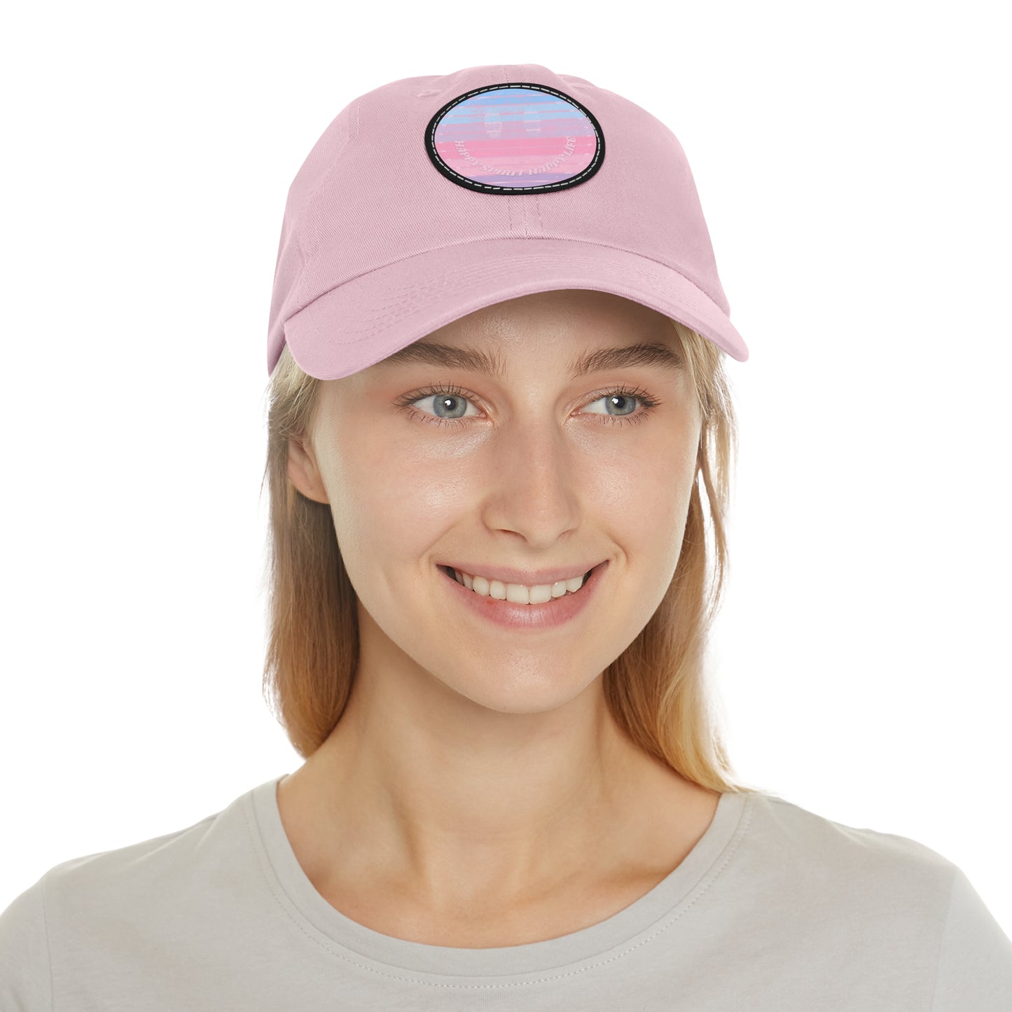 Aesthetic Pink Smile Hat, Pink Twill Dad Hat with Leather Patch (Round), Pink Golf Hat, Pink Twill Cap, Pink Cotton Hat, Pink Baseball Hat