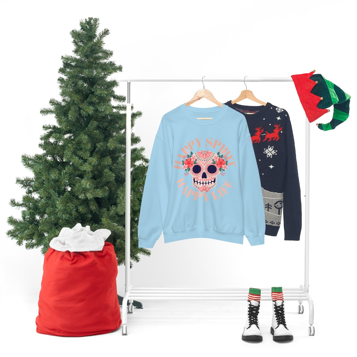 Dia De Los Muertos Crewneck Sweatshirt, Day of the Dead Gift, Happy Spirit Happy Life, Honoring the Dead Aesthetic Candy Skull, Sugar Skull