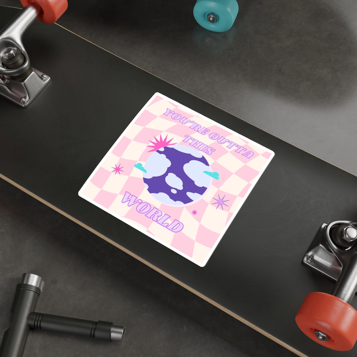 Retro Aesthetic Sticker You're Outta This World, Happy Mind Positivity Die-Cut Sticker, Pink Purple Galaxy Earth Smile Y2K Graphic