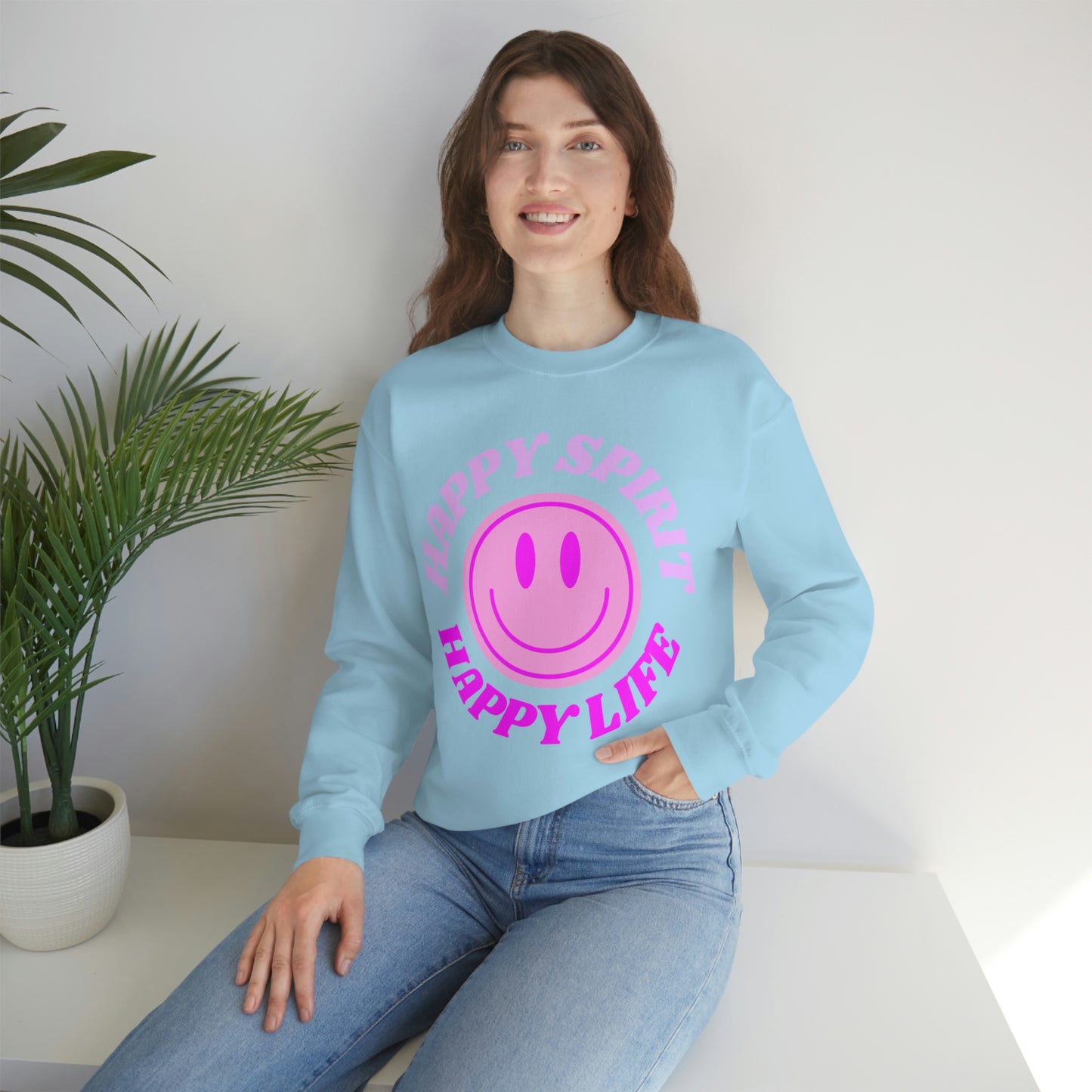 Happy Spirit Happy Life Sweatshirt, VSCO Girl Crewneck, Oversized Retro Font Graphic Tumblr, Front Print Smile Face Trendy Cover Up