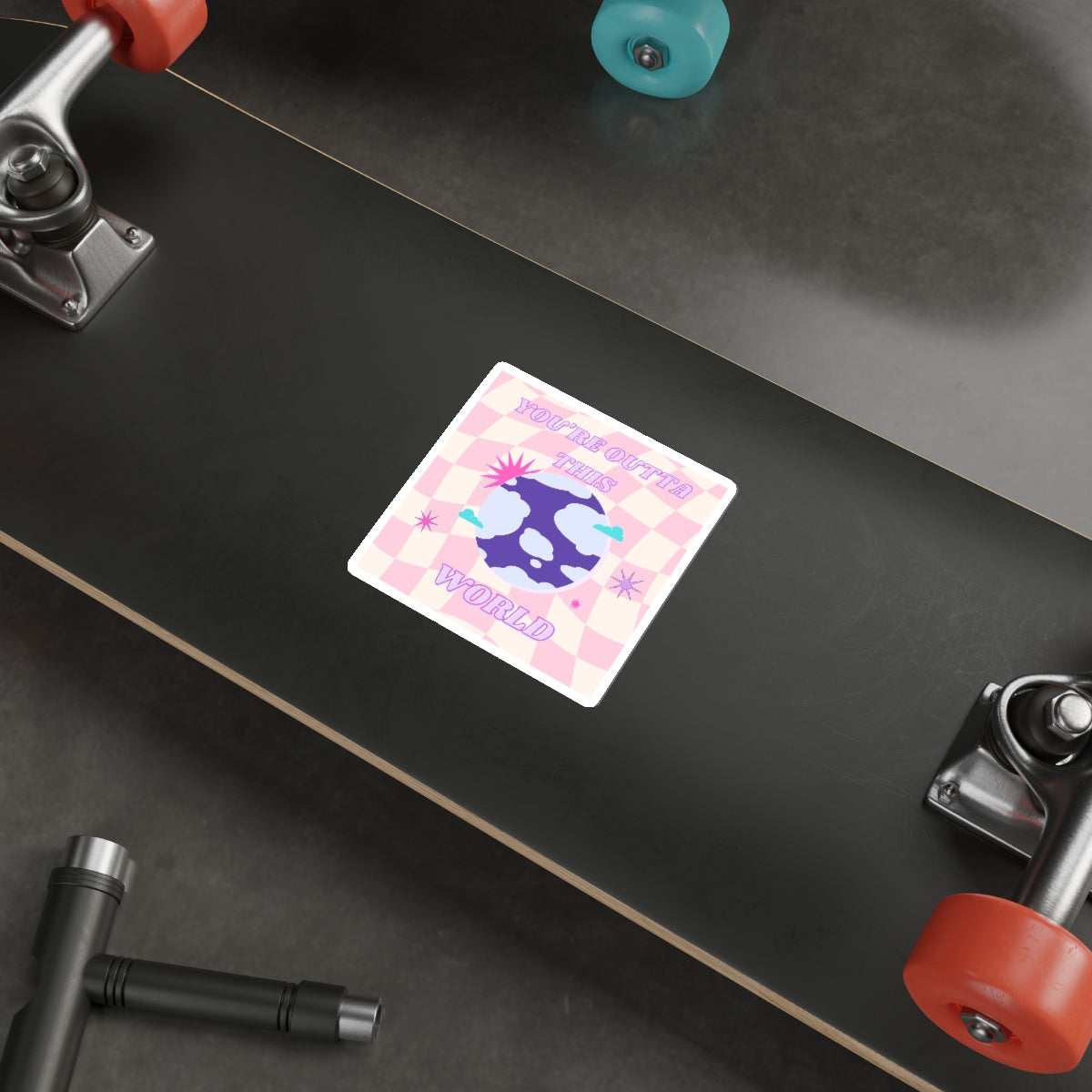 Retro Aesthetic Sticker You're Outta This World, Happy Mind Positivity Die-Cut Sticker, Pink Purple Galaxy Earth Smile Y2K Graphic