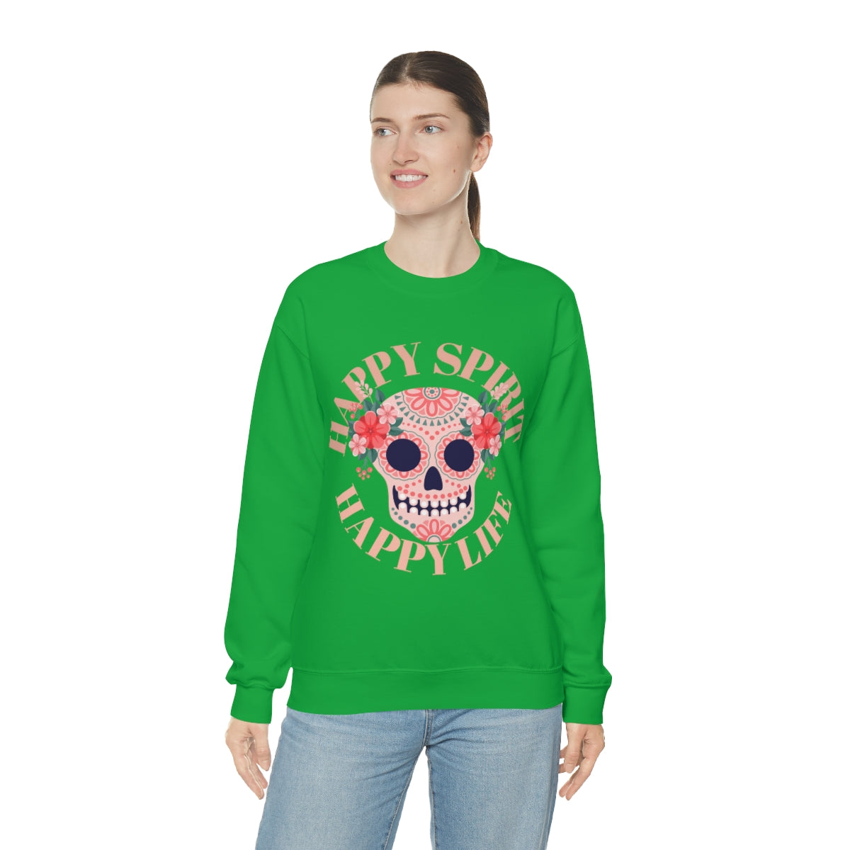 Dia De Los Muertos Crewneck Sweatshirt, Day of the Dead Gift, Happy Spirit Happy Life, Honoring the Dead Aesthetic Candy Skull, Sugar Skull