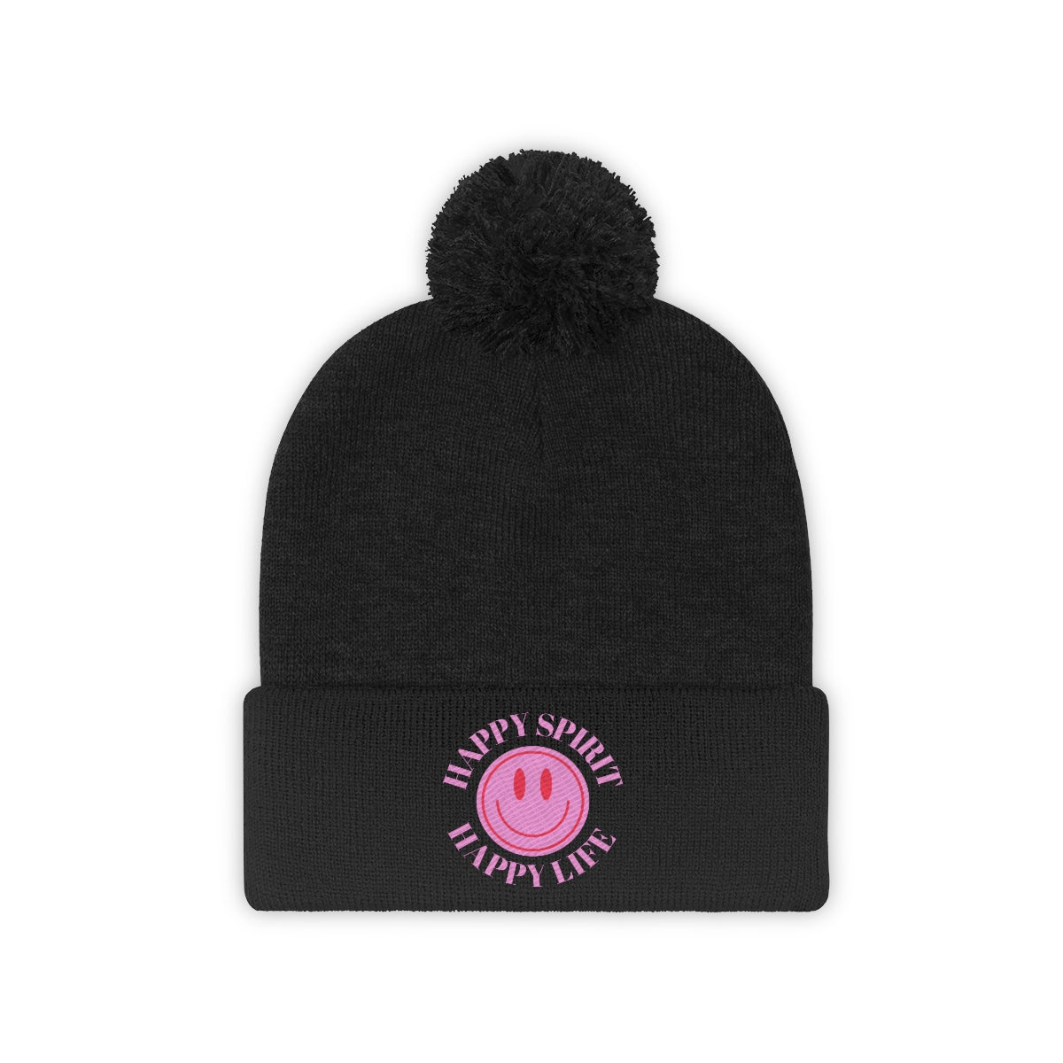 Happy Spirit Happy Life Pom Pom Beanie, Pink Smile Face Skull Cap, Aesthetic Pink Smile Winter Wool Hat