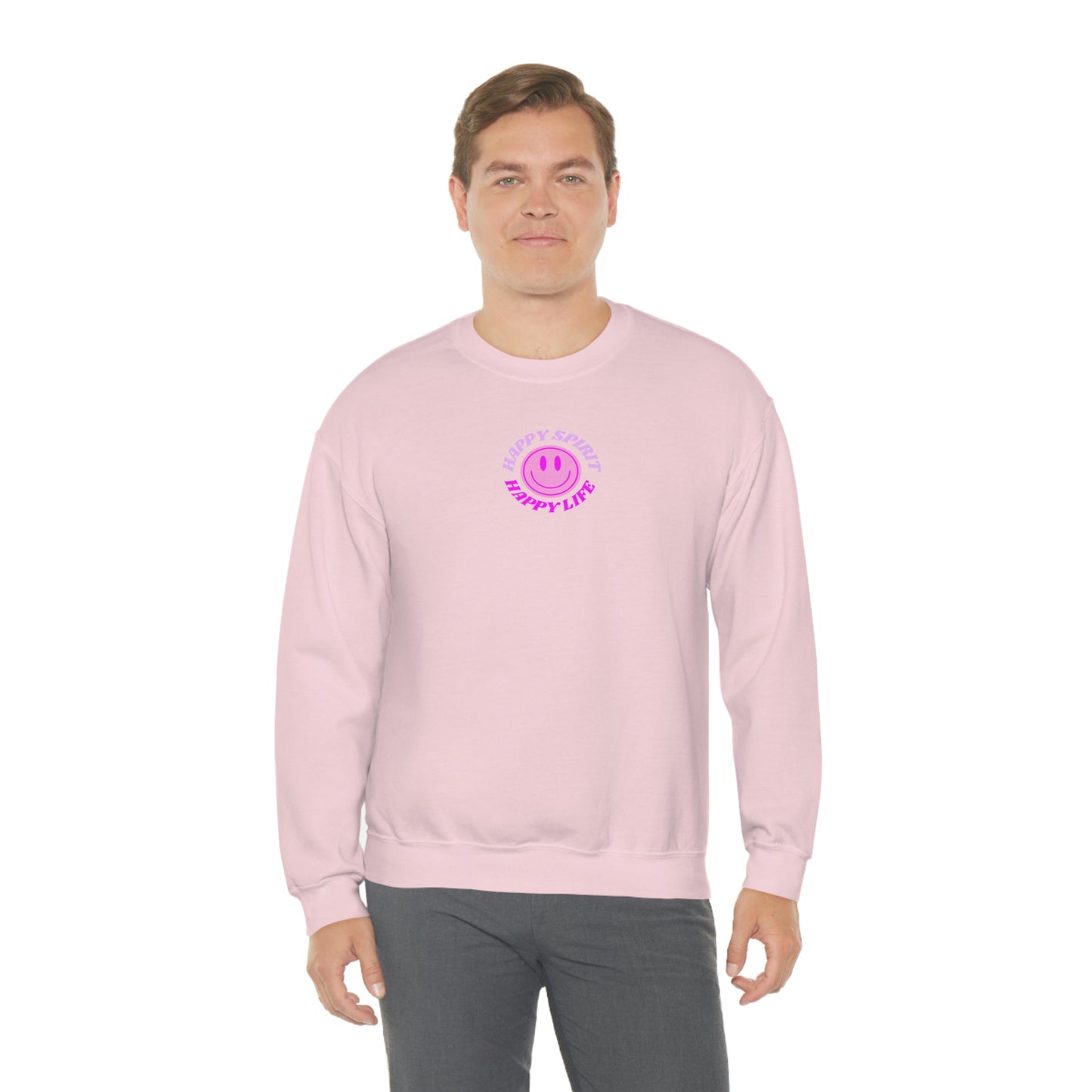 Happy Spirit Happy Life Sweatshirt, Gildan VSCO Girl Crewneck, Oversized Tumblr Front Back Print Smile Happy Mind Trendy Retro Surf Font