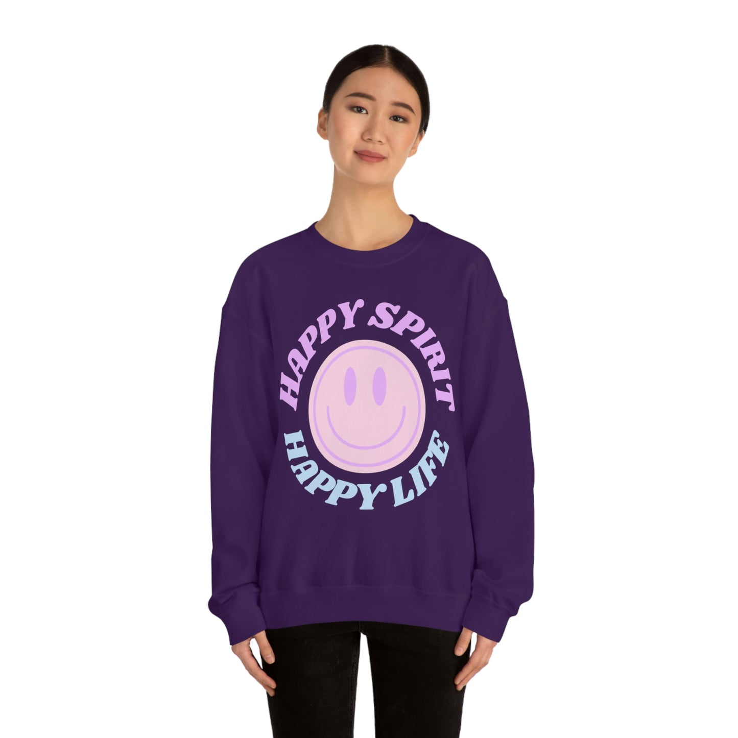 Happy Spirit Happy Life Sweatshirt, VSCO Girl Crewneck, Oversized Retro Font Graphic Tumblr, Front Print Smile Face Trendy Cover Up