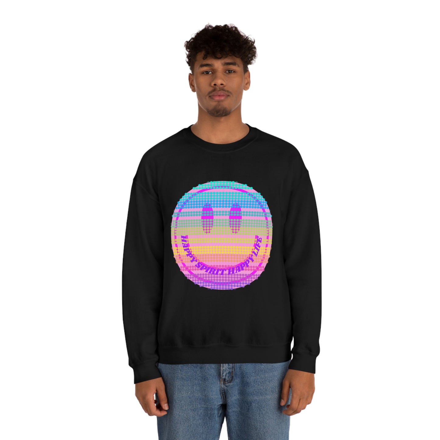 Happy Spirit Happy Life Sweatshirt, VSCO Girl Crewneck, Oversized Retro Font Graphic Tumblr, Front Print Smile Face Trendy Cover Up